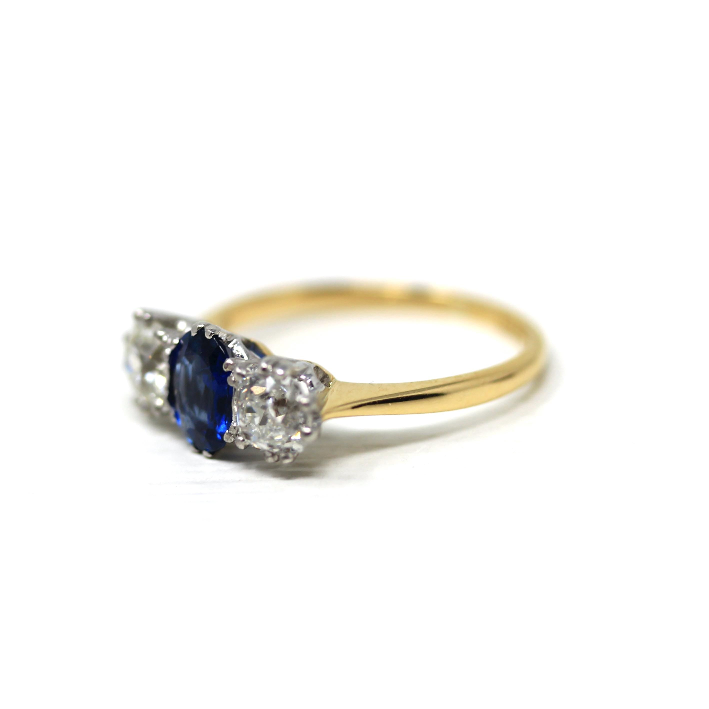 Antique Edwardian Ring - Circa 1910s 18k Yellow Gold & Platinum Old Mine Cut Diamonds Natural Blue Sapphire - Size 5.75 Fine Report Jewelry
