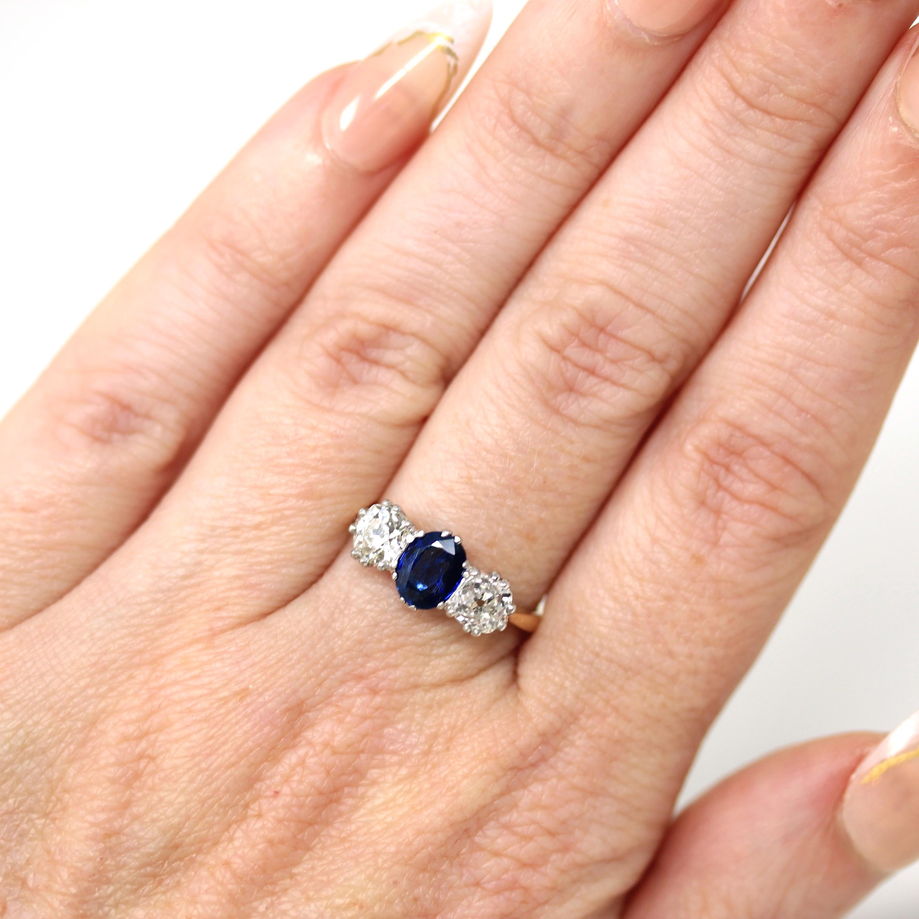 Antique Edwardian Ring - Circa 1910s 18k Yellow Gold & Platinum Old Mine Cut Diamonds Natural Blue Sapphire - Size 5.75 Fine Report Jewelry