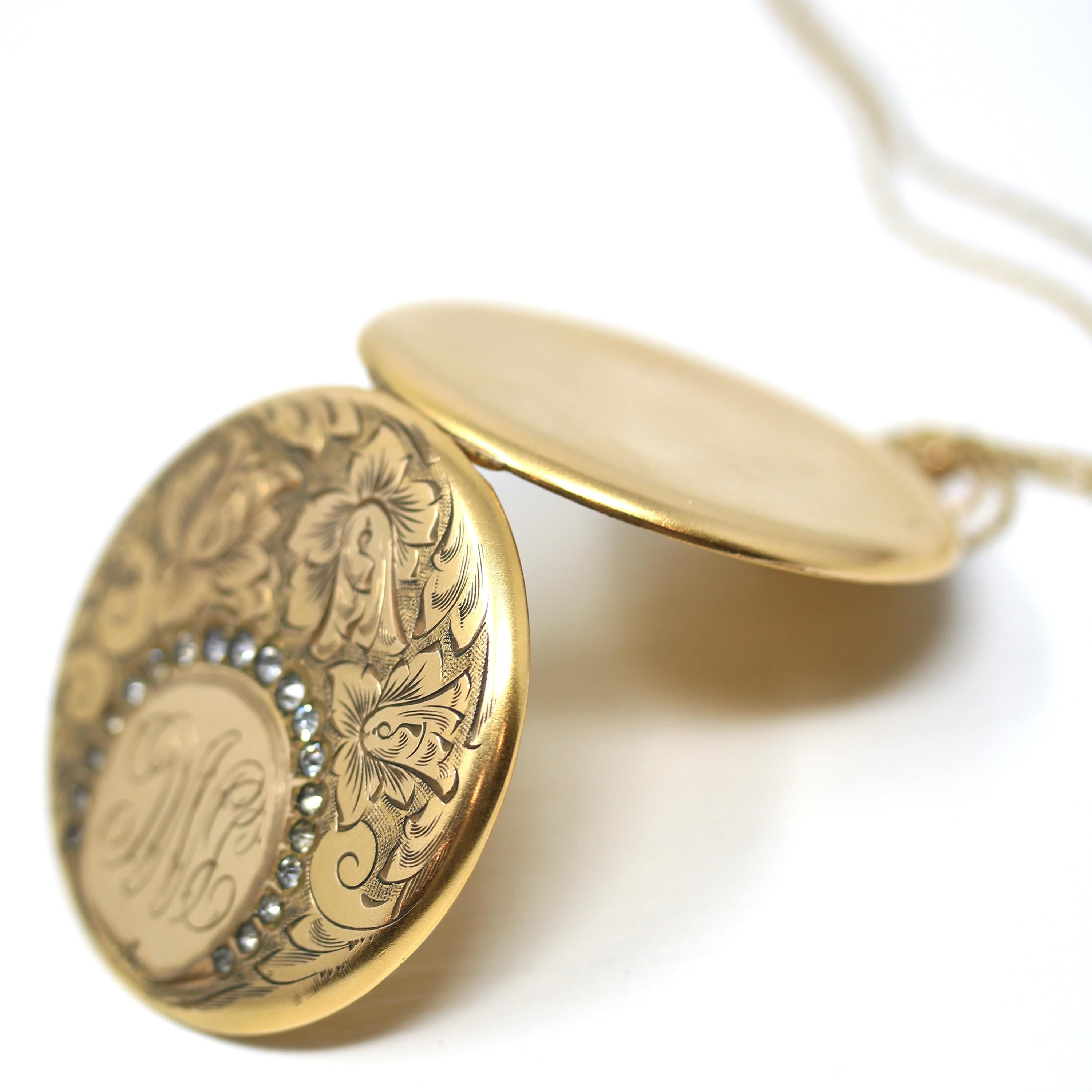 Antique Flower Locket - Edwardian Era Gold Filled Rhinestone Pendant Necklace - Circa 1910s Round Engraved Photograph Statement Fine Jewelry