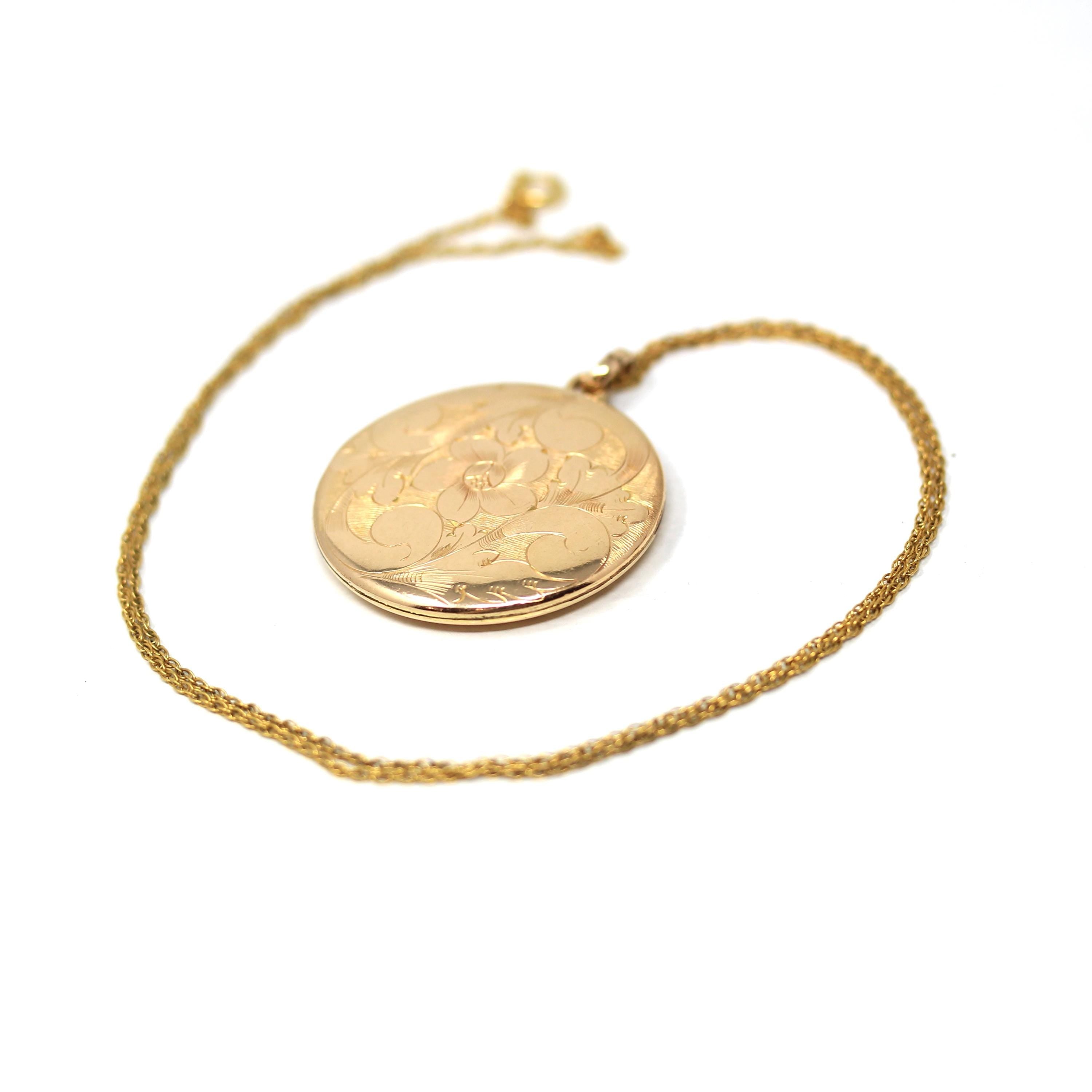 Antique Floral Locket - Vintage Gold Filled Round Flower Motif Pendant Necklace - Edwardian Circa Early 1900s Initial ESJ Photograph Jewelry