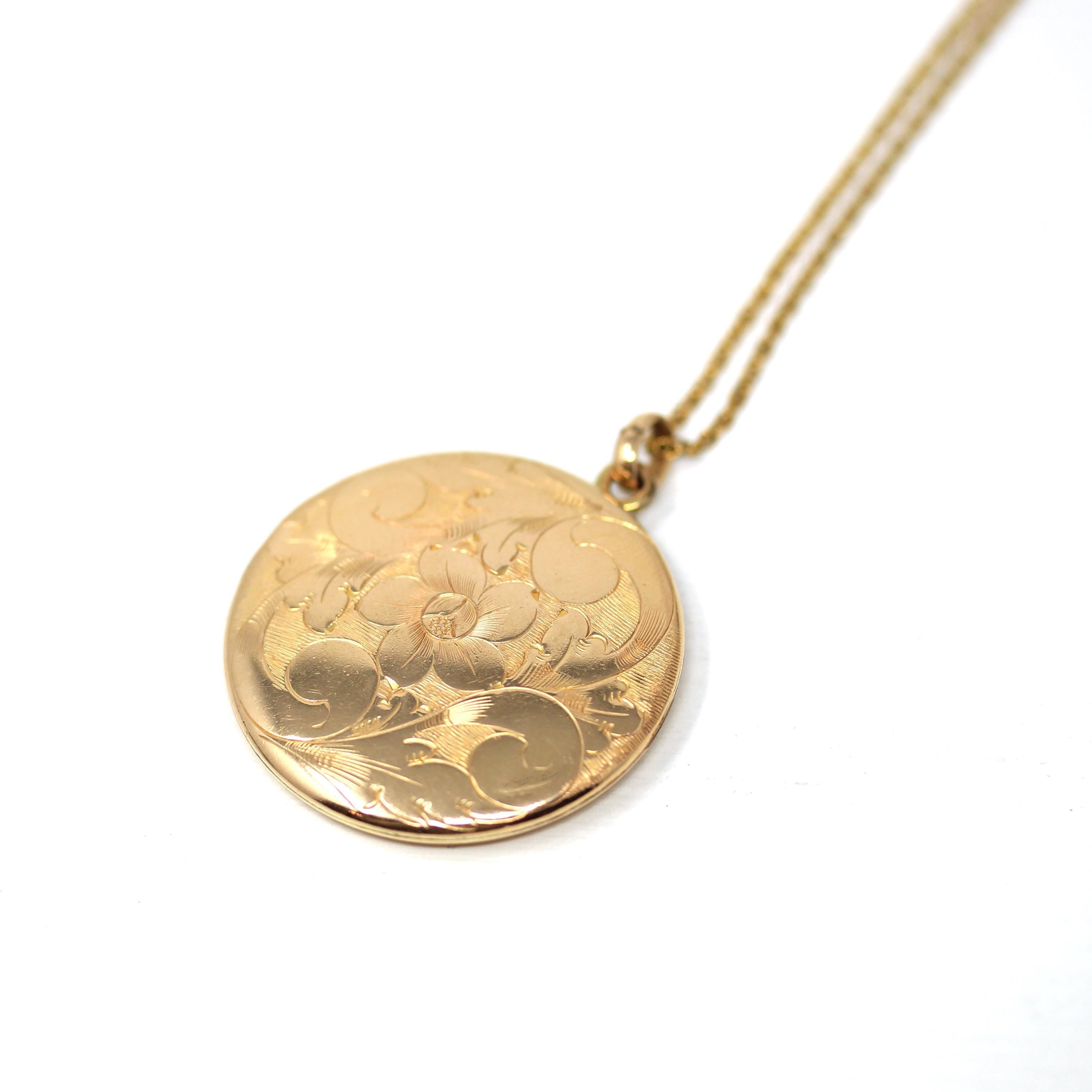Antique Floral Locket - Vintage Gold Filled Round Flower Motif Pendant Necklace - Edwardian Circa Early 1900s Initial ESJ Photograph Jewelry