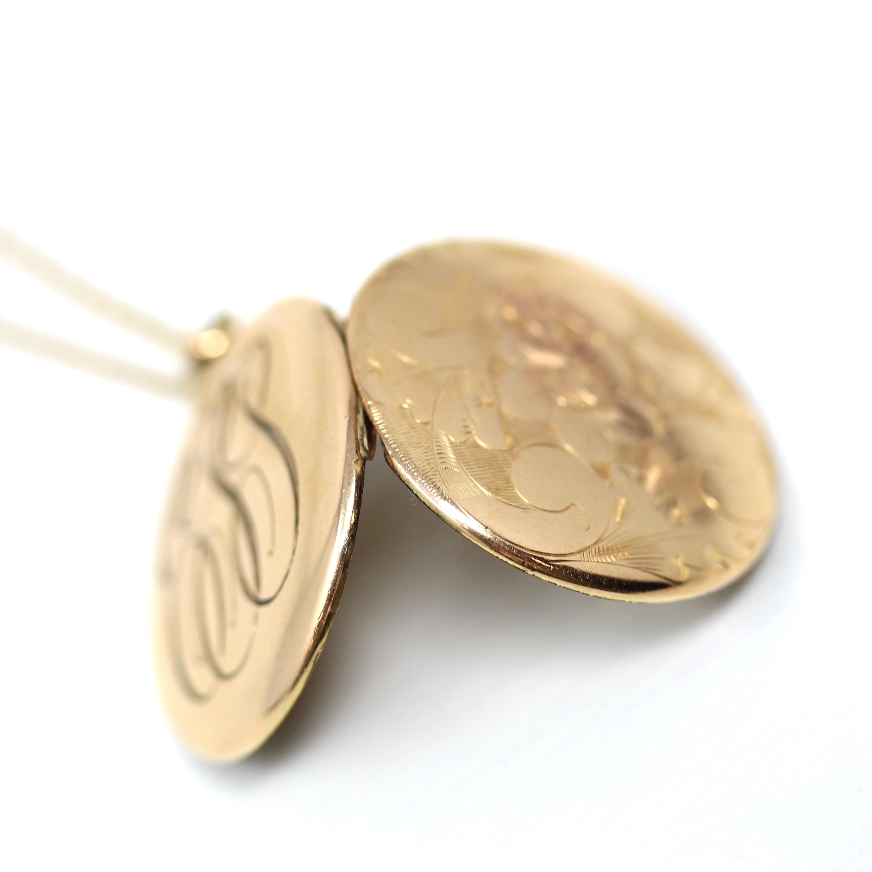 Antique Floral Locket - Vintage Gold Filled Round Flower Motif Pendant Necklace - Edwardian Circa Early 1900s Initial ESJ Photograph Jewelry