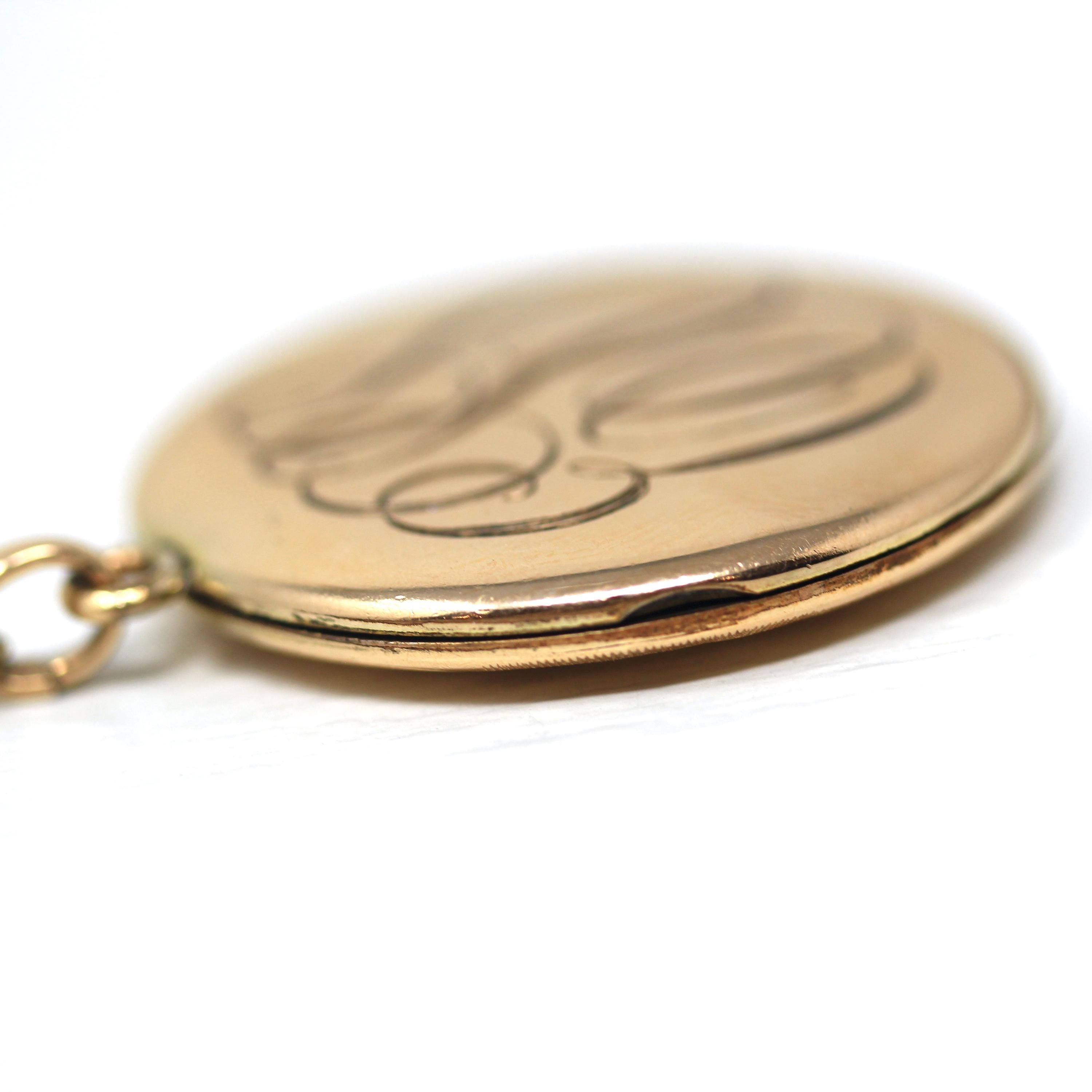 Antique Floral Locket - Vintage Gold Filled Round Flower Motif Pendant Necklace - Edwardian Circa Early 1900s Initial ESJ Photograph Jewelry