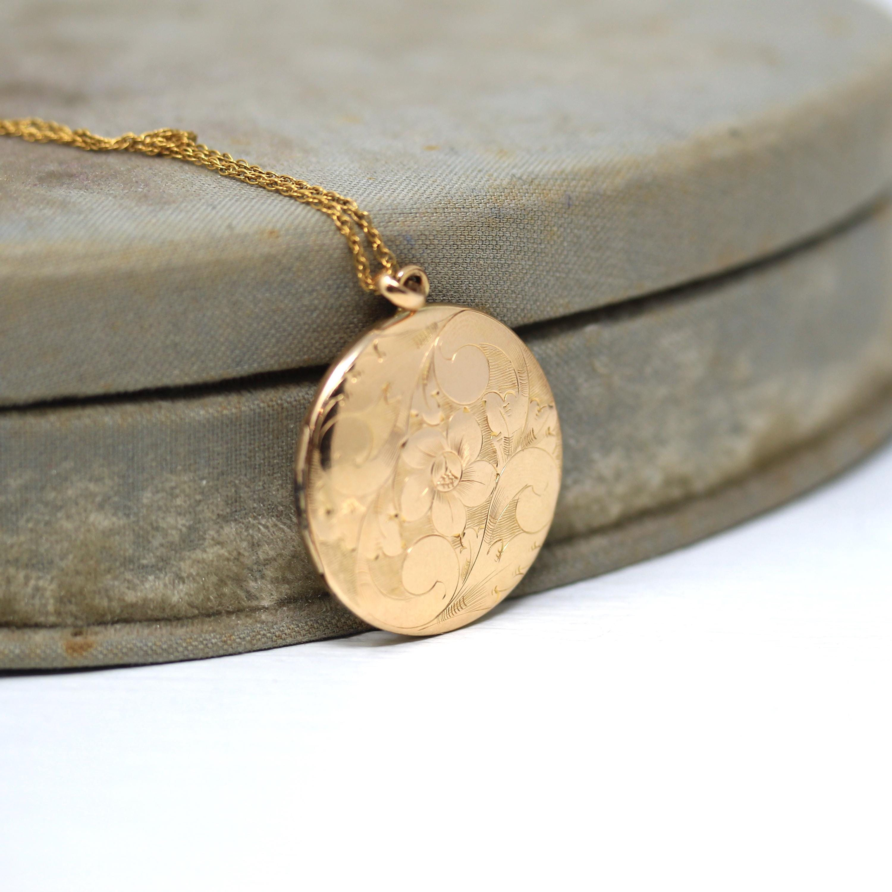 Antique Floral Locket - Vintage Gold Filled Round Flower Motif Pendant Necklace - Edwardian Circa Early 1900s Initial ESJ Photograph Jewelry