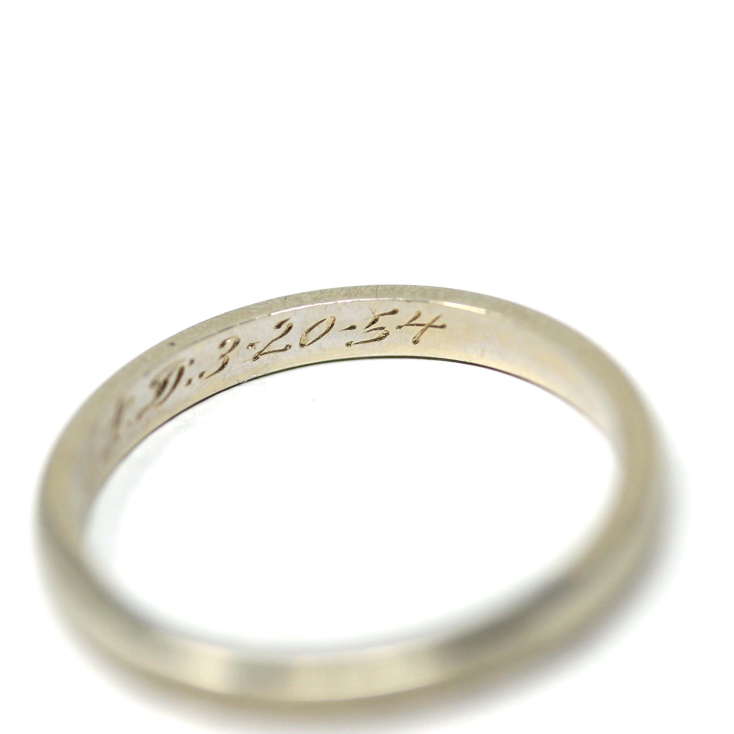 Vintage Wedding Band - Mid Century 14k White Gold Milgrain Plain Stacking Ring with Inscription - Dated 1954 Size 5 1/2 Fine Bridal Jewelry