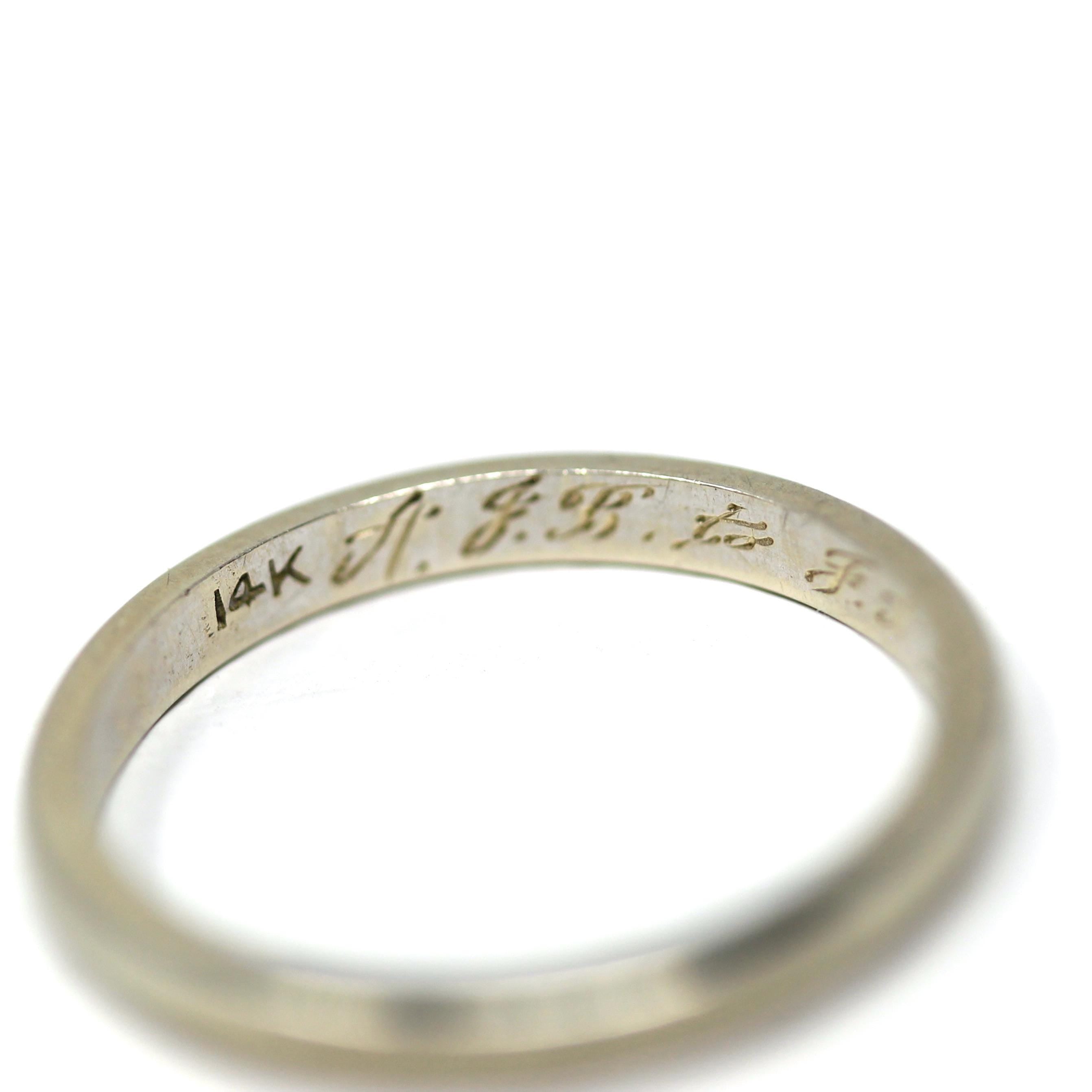 Vintage Wedding Band - Mid Century 14k White Gold Milgrain Plain Stacking Ring with Inscription - Dated 1954 Size 5 1/2 Fine Bridal Jewelry