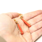 Victorian Coral Earrings - Antique 14k Yellow Cold Natural Calcareous Gemstone Drops - Circa 1890s Era Pierced Fine Etruscan Revival Jewelry