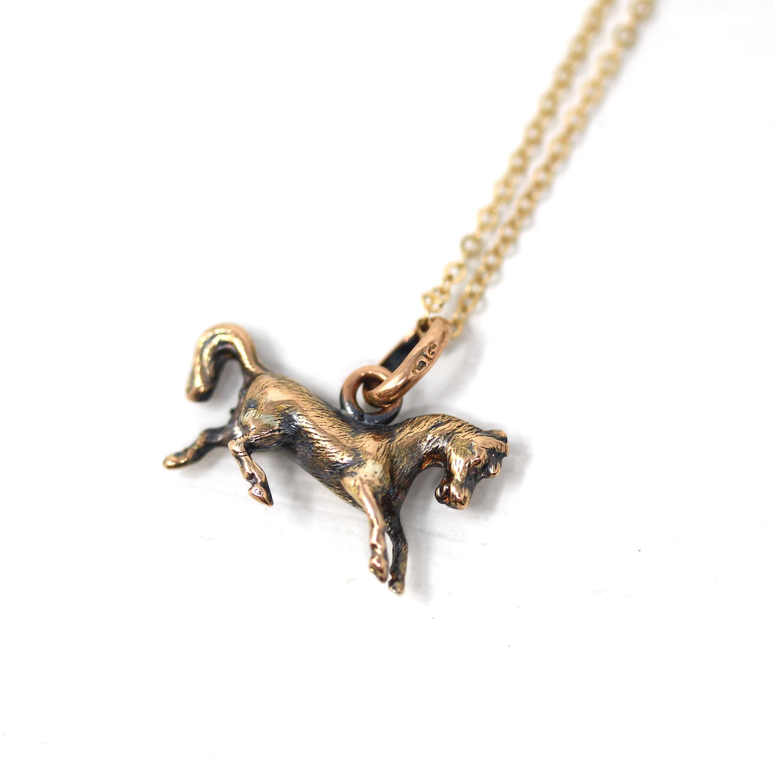 Vintage Horse Charm - Retro 9k Yellow Gold Dainty Equine Figural Pendant Necklace - 1960s Era Detailed Equestrian 60s Delicate Fine Jewelry