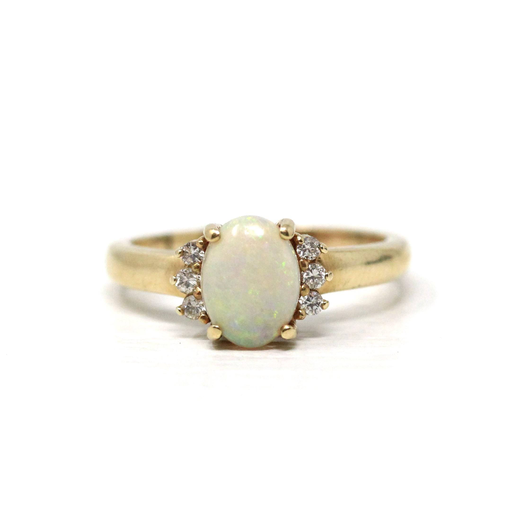 Opal & Diamond Ring - Modern 9ct Yellow Gold Oval Cut October Birthstone Gemstone - Circa 2000's Era Size 6 Fine Estate Statement Jewelry