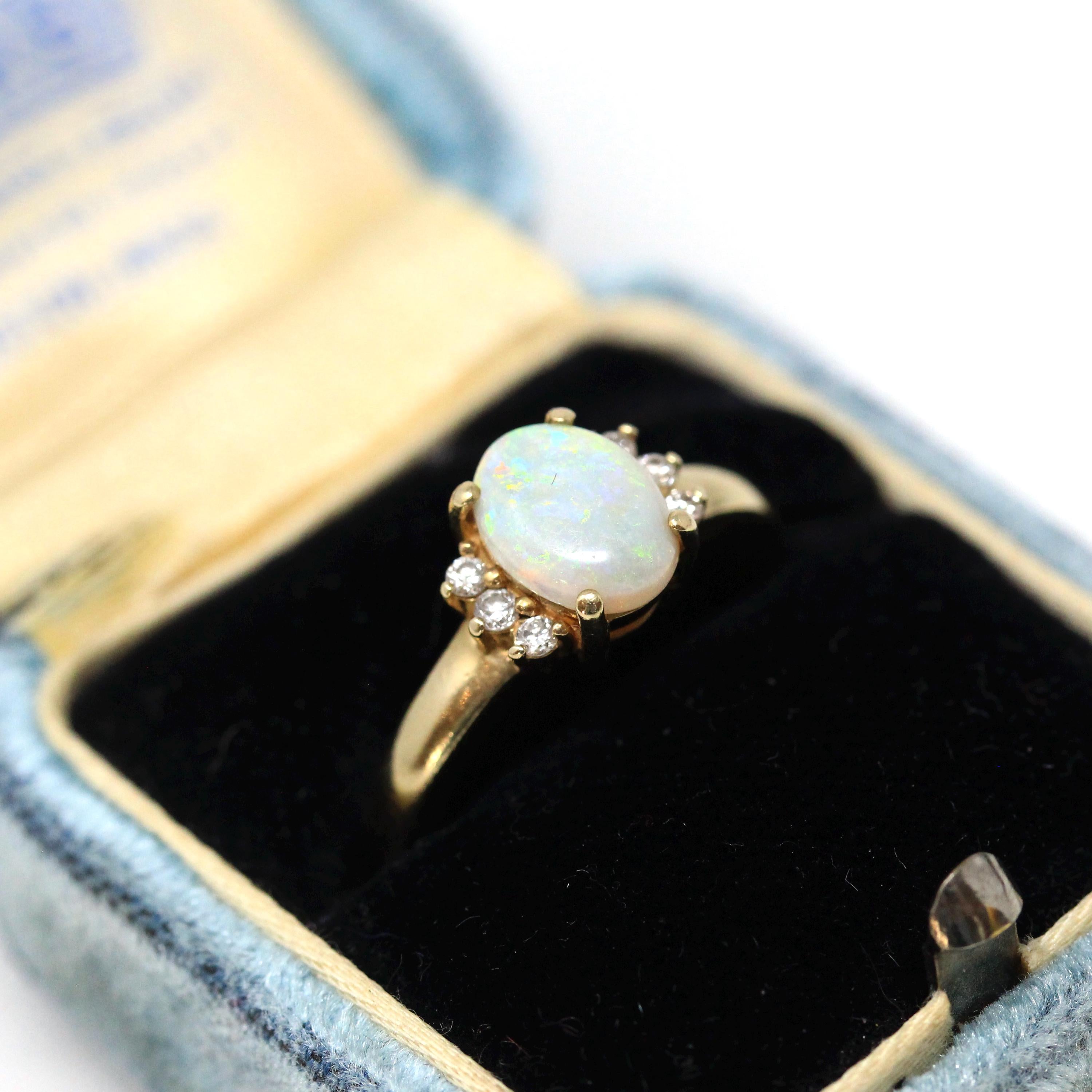 Opal & Diamond Ring - Modern 9ct Yellow Gold Oval Cut October Birthstone Gemstone - Circa 2000's Era Size 6 Fine Estate Statement Jewelry