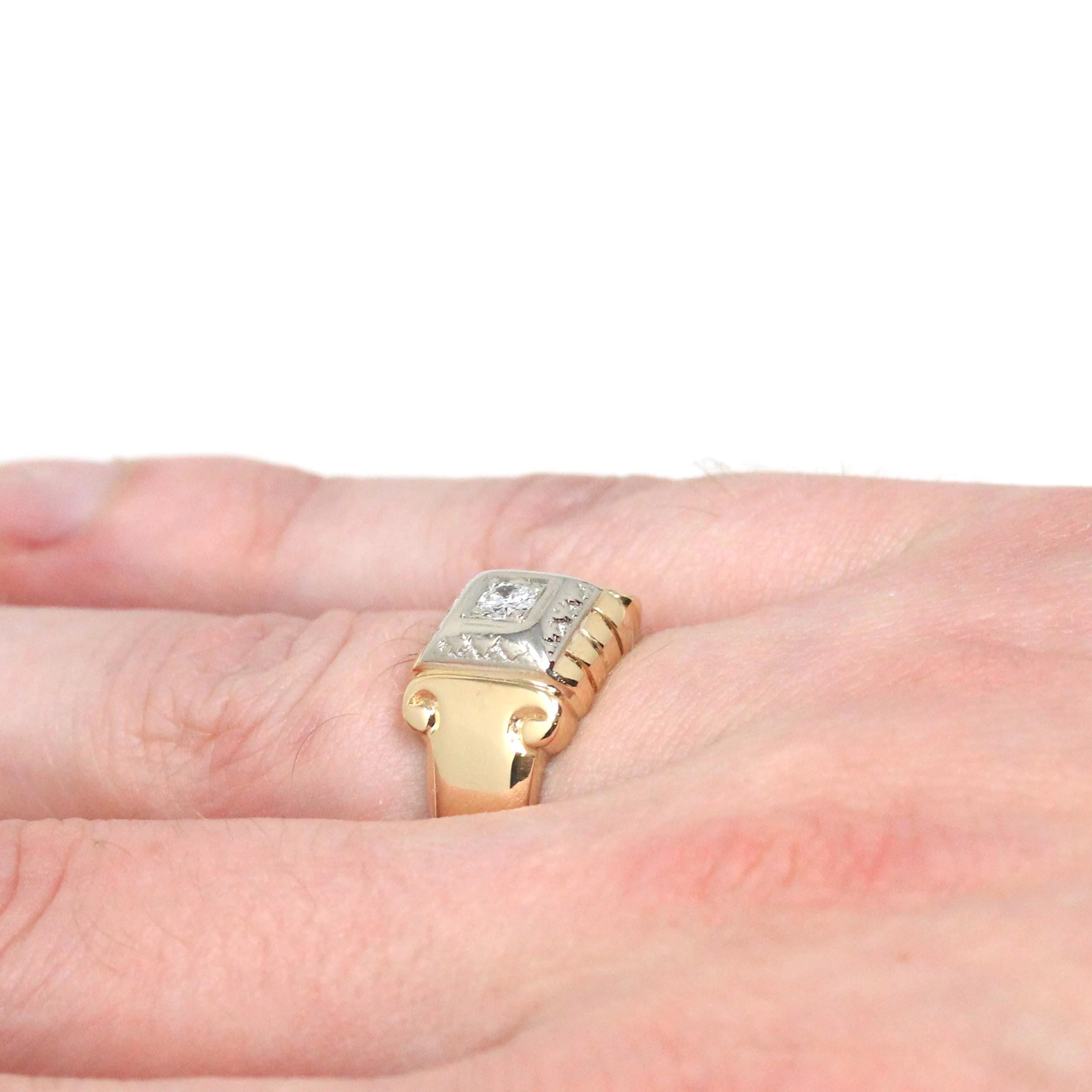 Vintage Diamond Ring - Retro 14k Yellow & White Gold .20 CT Unisex Men's Band - Circa 1940s Era Size 8 1/4 Two Tone Engagement Fine Jewelry