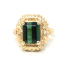 Green Tourmaline Ring - Modern 14k Yellow Gold Faceted Green 3.00 CT Gemstone Statement - Circa 2000s Diamond Accent October Fine Jewelry