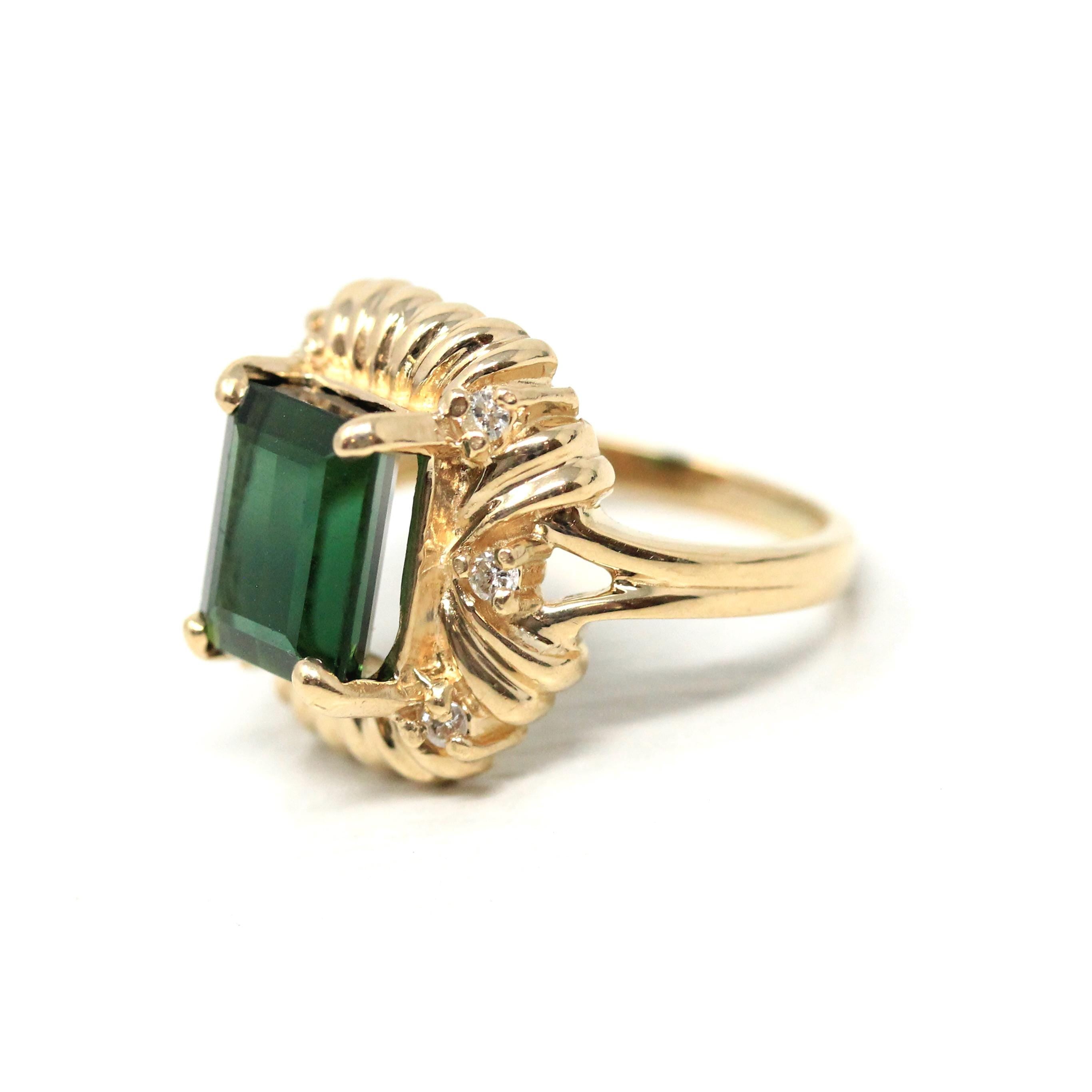 Green Tourmaline Ring - Modern 14k Yellow Gold Faceted Green 3.00 CT Gemstone Statement - Circa 2000s Diamond Accent October Fine Jewelry