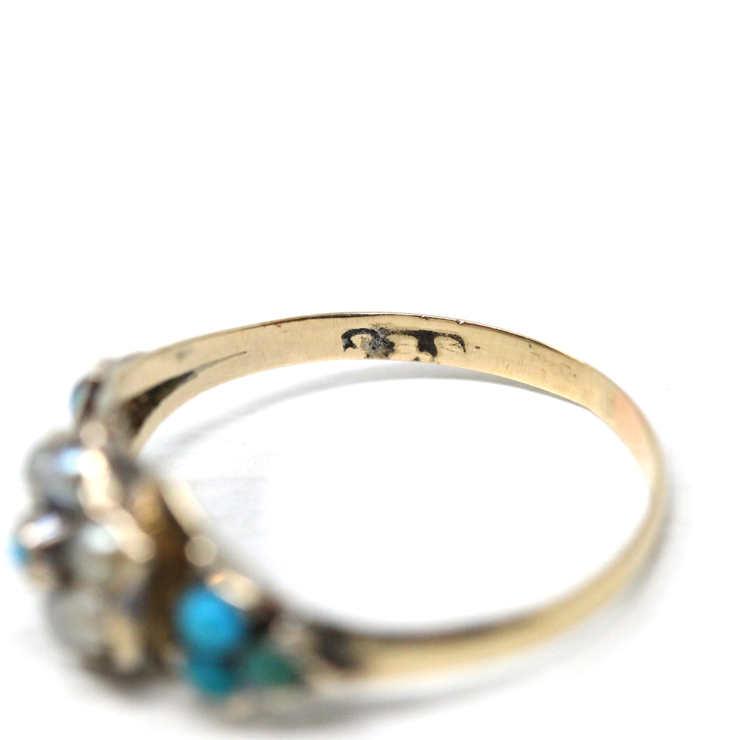 Antique Flower Ring - Victorian 10k Yellow Gold Turquoise and Pearl Gemstones - Vintage 1800s Cabochon Fine Secret Compartment Hair Jewelry