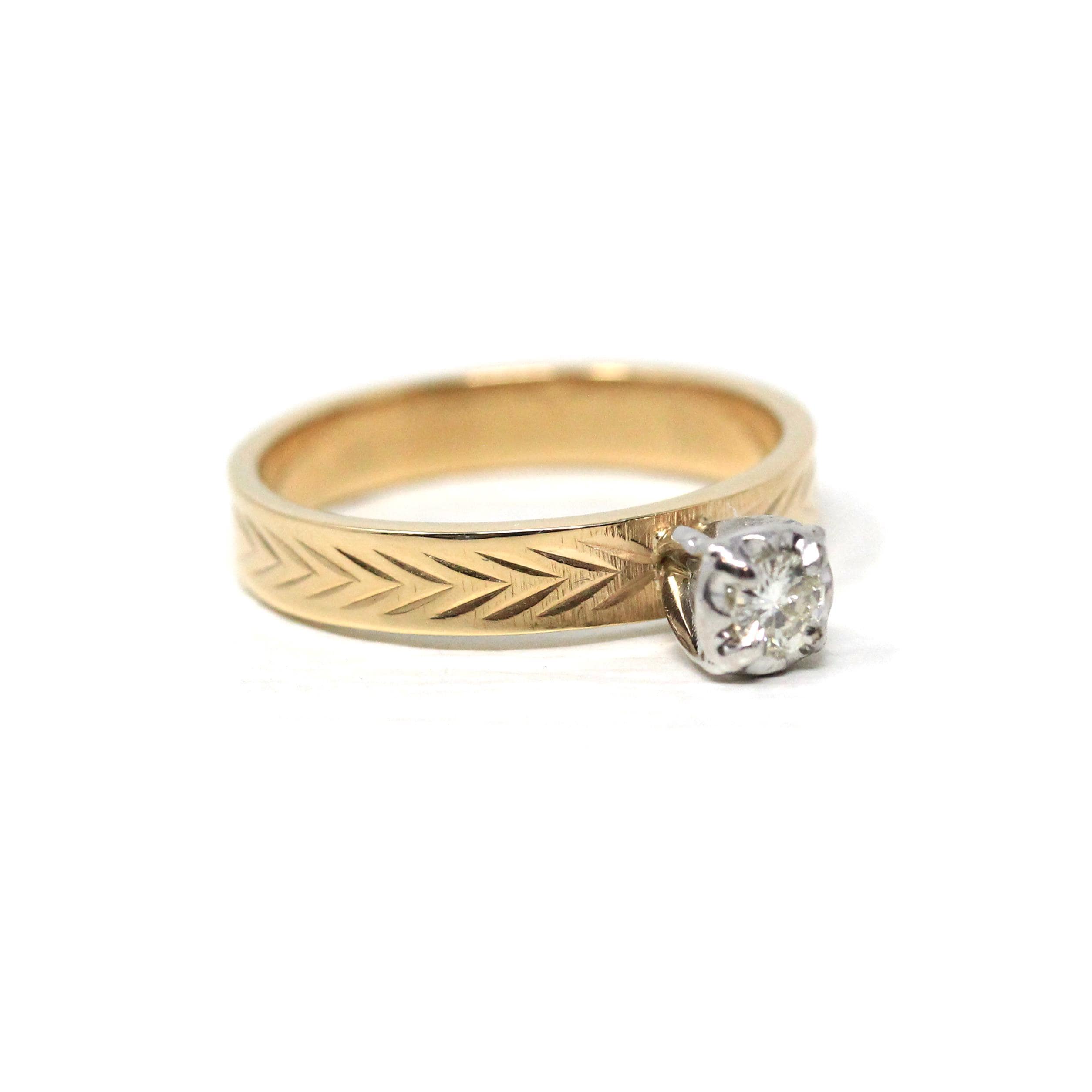 Vintage Diamond Ring - 14k Yellow & White Gold Round .17 CT Solitaire Engagement - Size 8 Retro Era 1990s Illusion Head Fine Wheat Jewelry