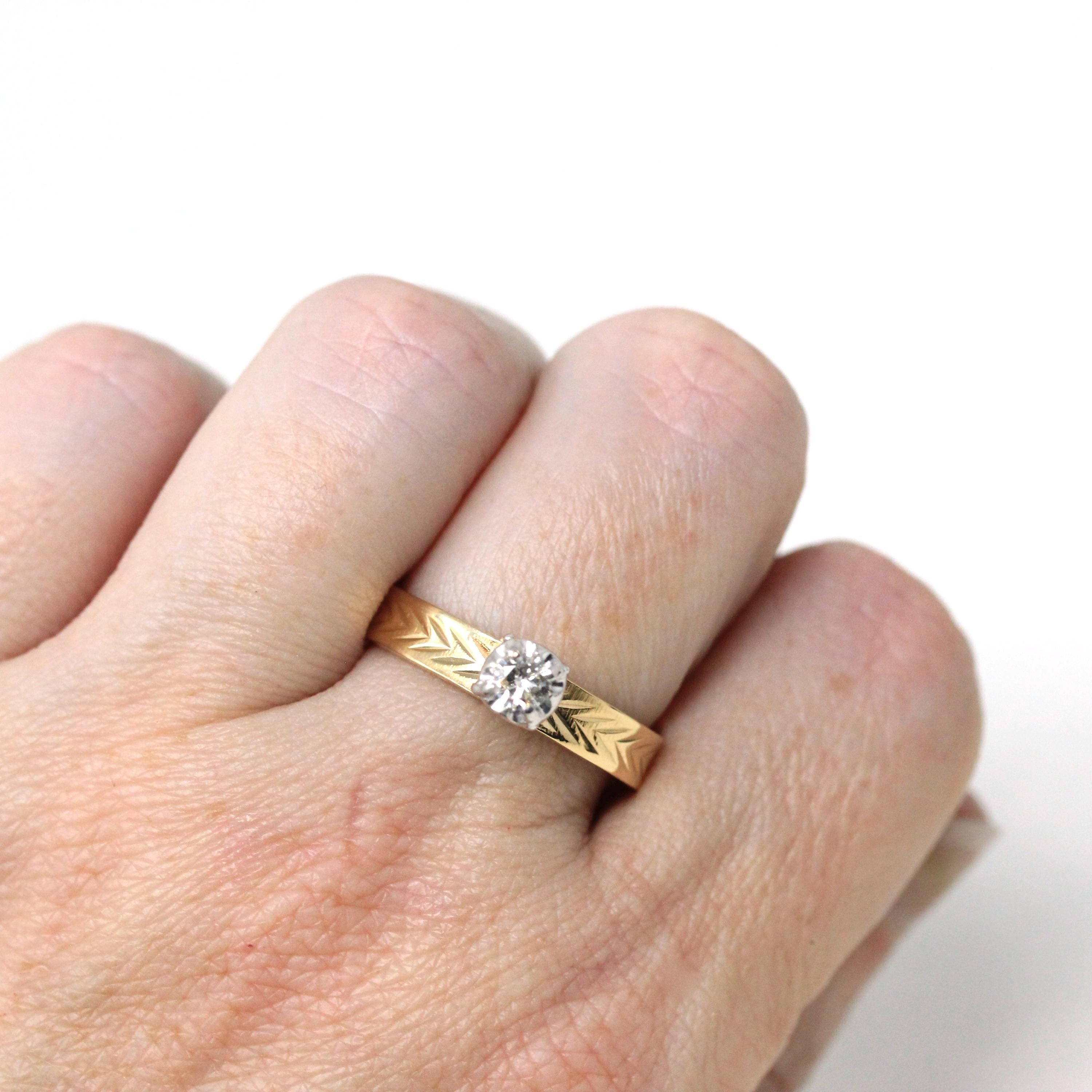 Vintage Diamond Ring - 14k Yellow & White Gold Round .17 CT Solitaire Engagement - Size 8 Retro Era 1990s Illusion Head Fine Wheat Jewelry