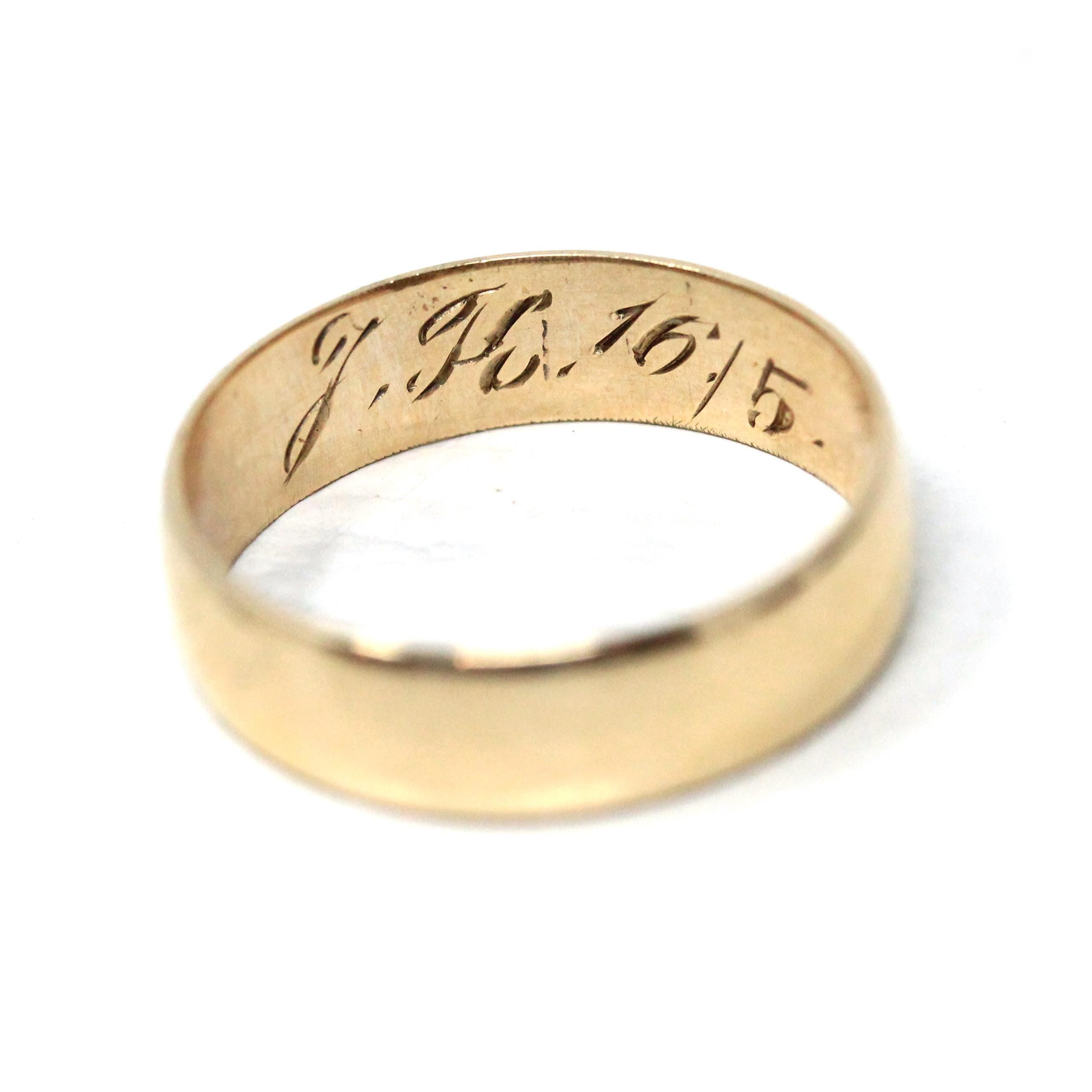 Art Deco Inscribed Wedding Band - Vintage 6k Yellow Gold Unadorned Plain Ring - Dated 1931 Size 6 1/2 Classic Simple Unisex 30s Fine Jewelry