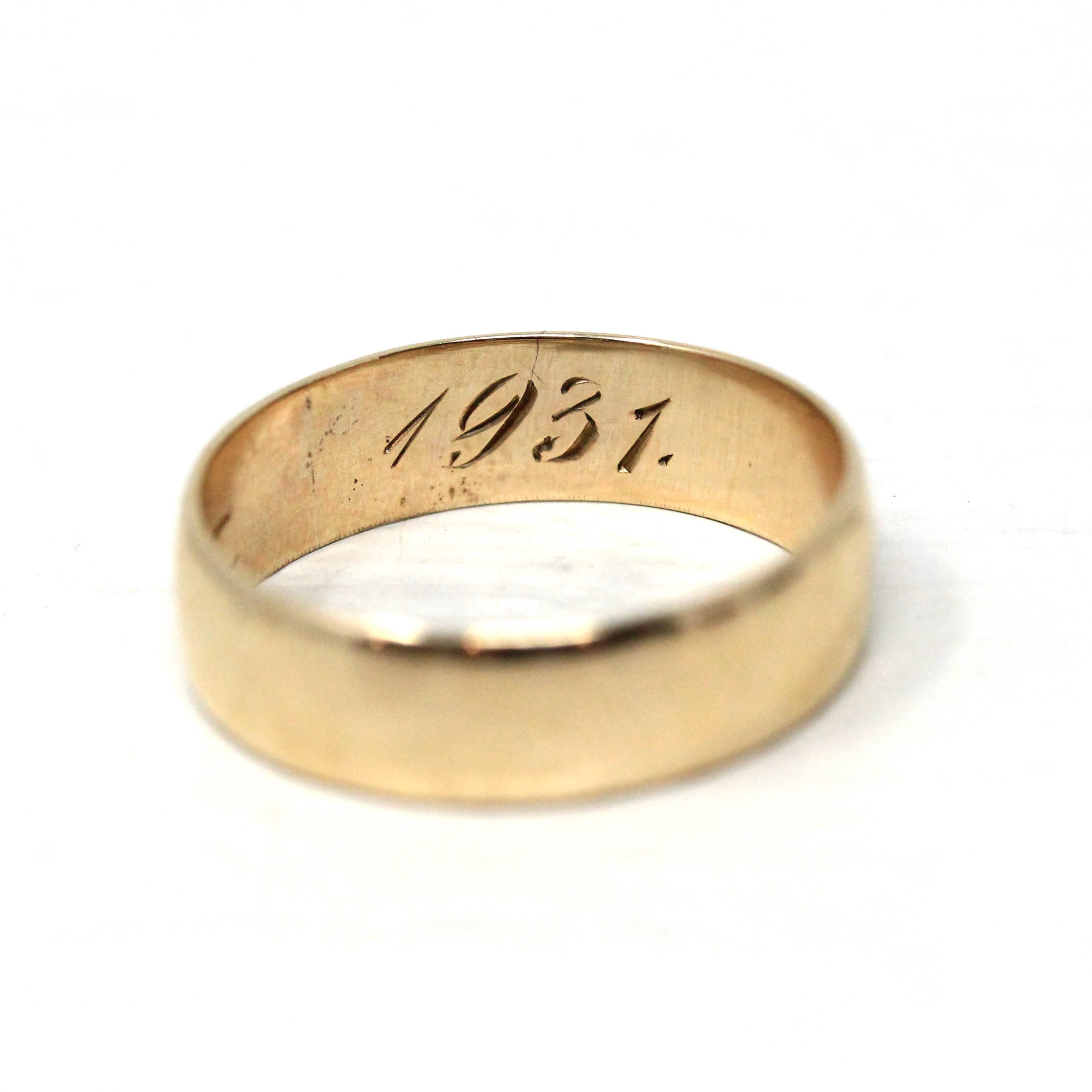 Art Deco Inscribed Wedding Band - Vintage 6k Yellow Gold Unadorned Plain Ring - Dated 1931 Size 6 1/2 Classic Simple Unisex 30s Fine Jewelry