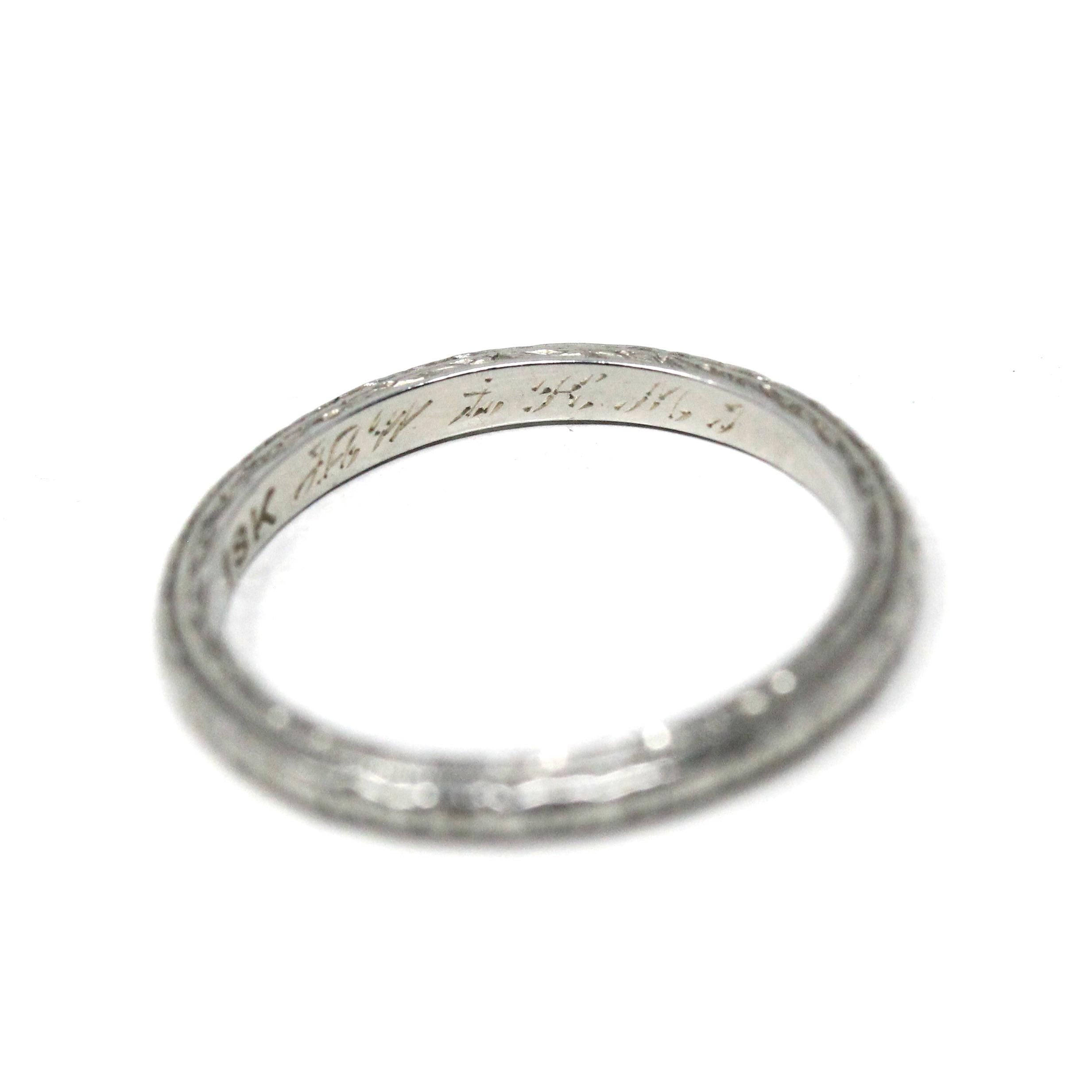 Antique Wedding Band - Art Deco Era 18k White Gold Eternity Floral Ring - Vintage Circa 1930s Size 4 3/4 Stacking Bridal Fine 30s Jewelry