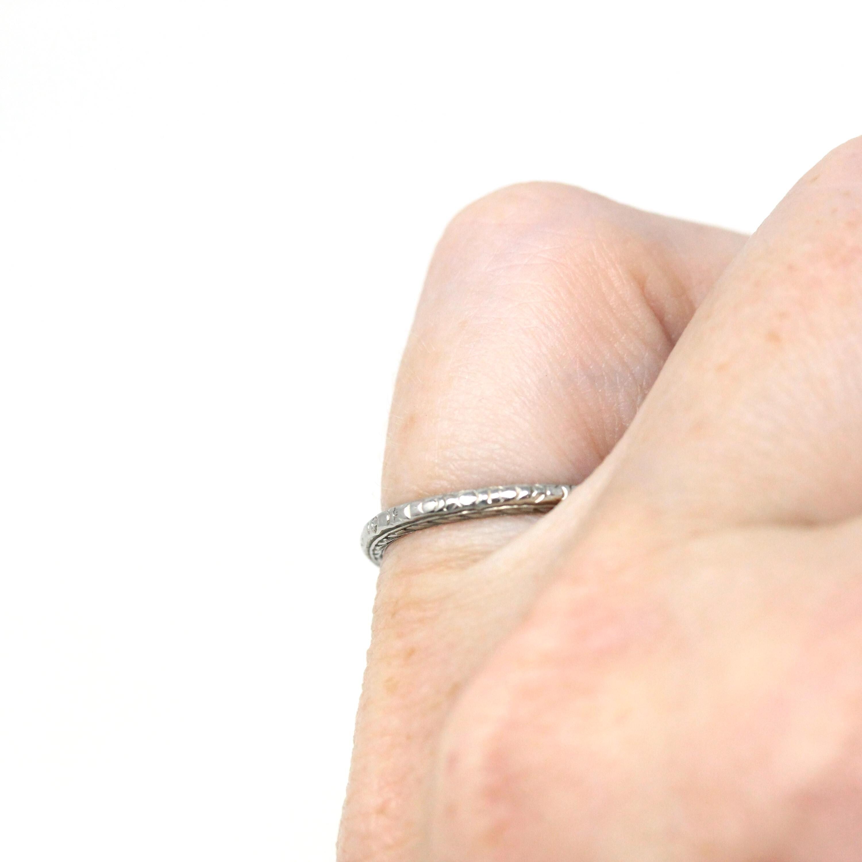 Antique Wedding Band - Art Deco Era 18k White Gold Eternity Floral Ring - Vintage Circa 1930s Size 4 3/4 Stacking Bridal Fine 30s Jewelry