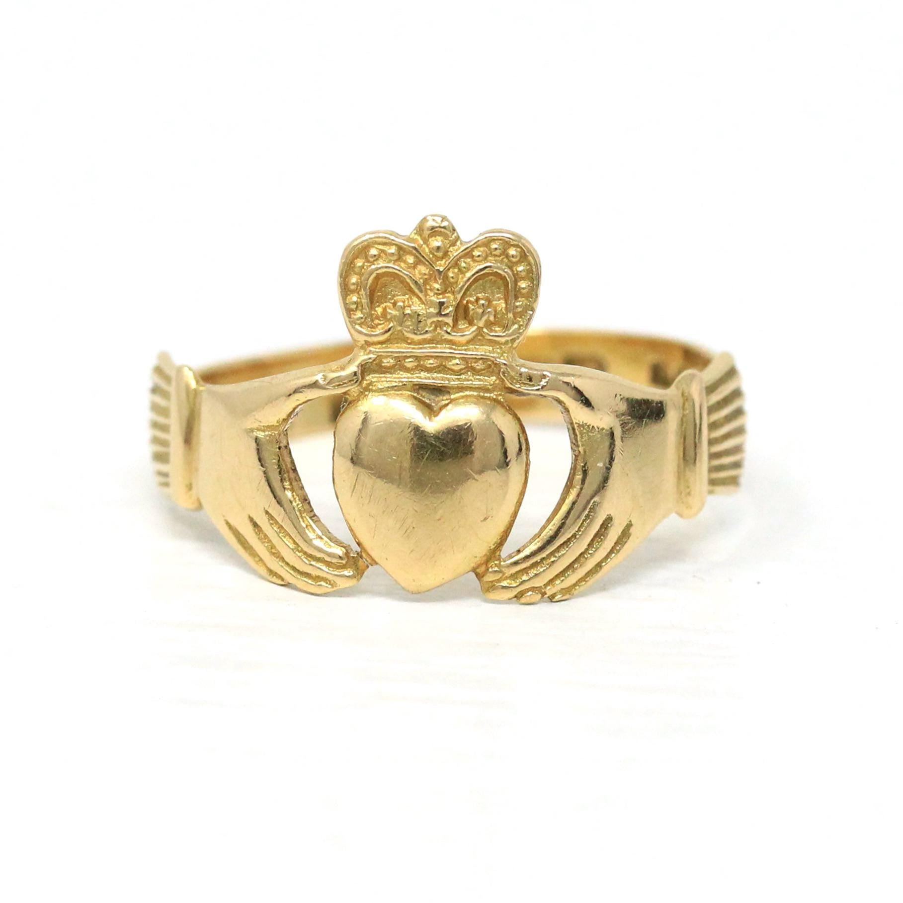 Vintage Claddagh Ring - Irish 18k Yellow Gold Heart Clasped Hand Crown - Dated 1961 Size 9 Friendship Love Loyalty Dublin Hallmark Jewelry