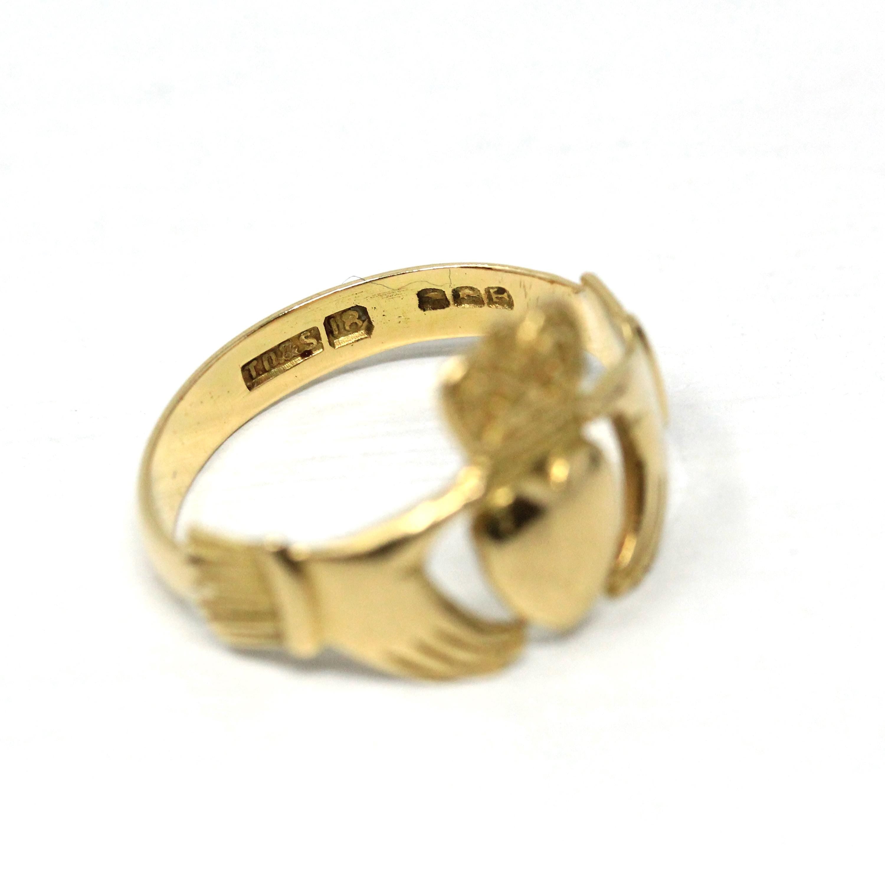 Vintage Claddagh Ring - Irish 18k Yellow Gold Heart Clasped Hand Crown - Dated 1961 Size 9 Friendship Love Loyalty Dublin Hallmark Jewelry