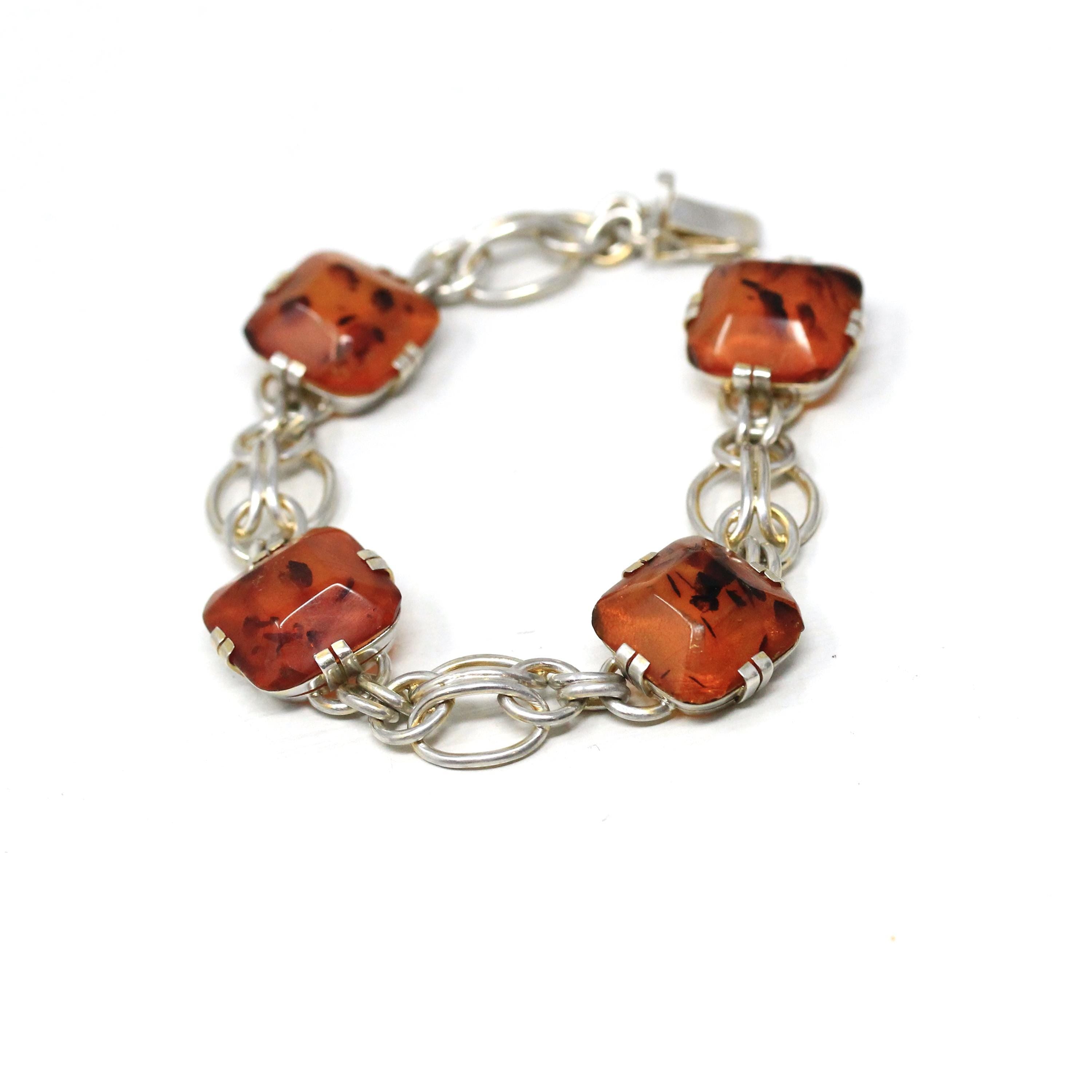 Vintage Amber Bracelet - Retro Era Sterling Silver Cushion Carved Faceted Amber Gemstones - Circa 1990s Tree Resin Fashion Accessory Jewelry