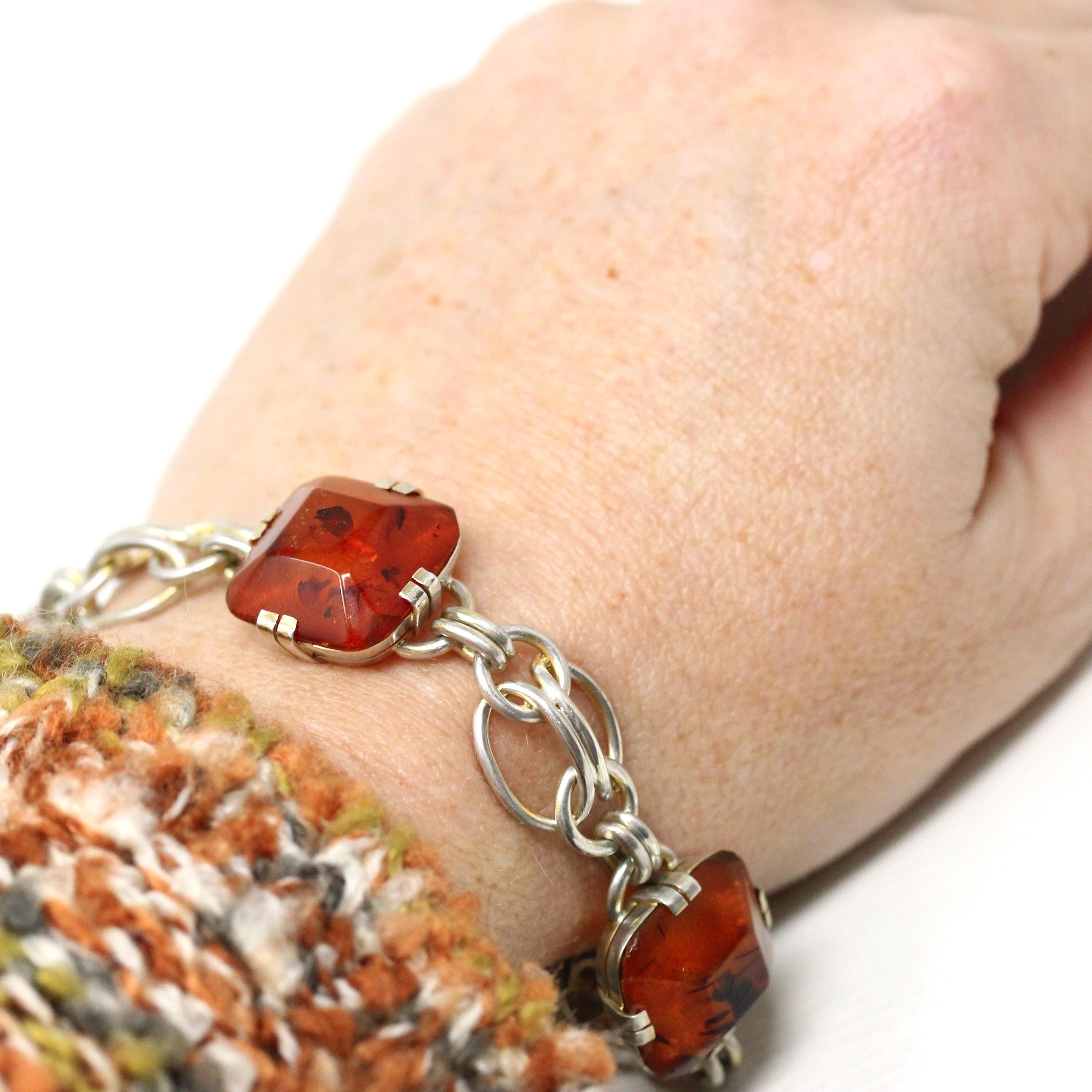 Vintage Amber Bracelet - Retro Era Sterling Silver Cushion Carved Faceted Amber Gemstones - Circa 1990s Tree Resin Fashion Accessory Jewelry