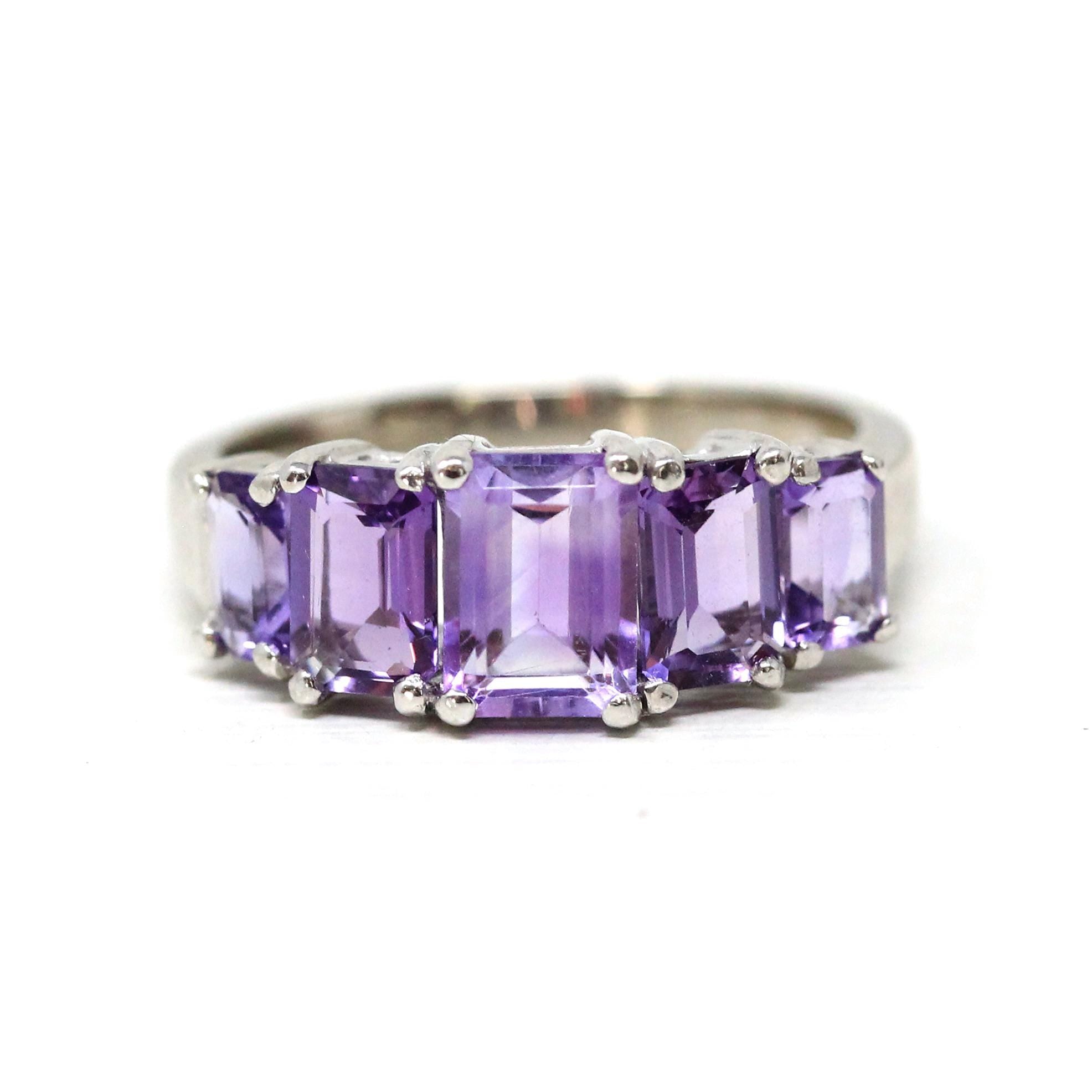 Modern Amethyst Ring - Vintage 14k White Gold Multi Five Rectangle Faceted Gemstones- Estate Circa 2000's Era Size 7 Fine Statement Jewelry