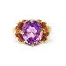 Created Sapphire Ring - Retro 10k Yellow Gold Oval Color Changing Gemstone - Circa 1940s Era Size 5 3/4 Solitaire Fine Statement Jewelry