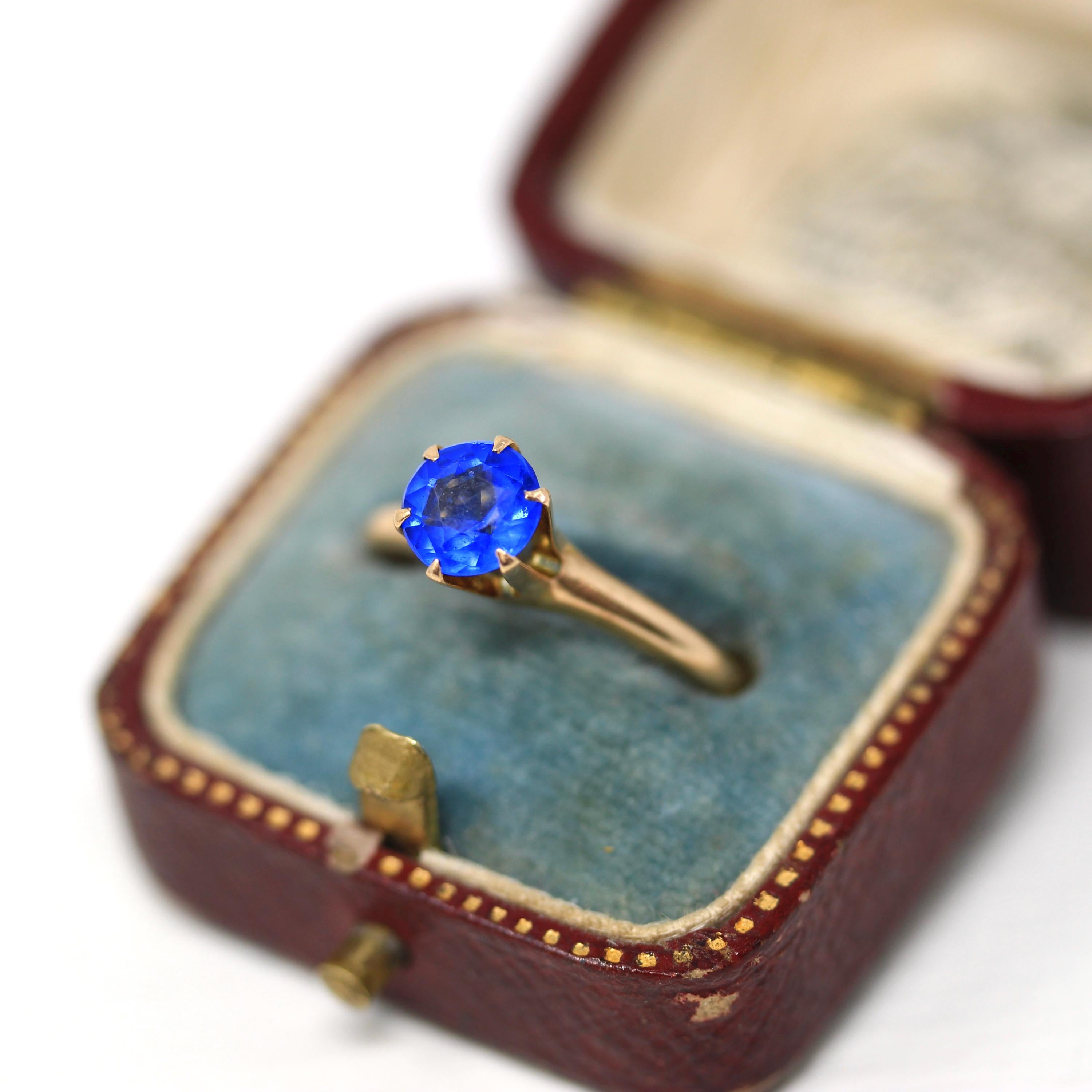 Garnet Glass Doublet Ring - Edwardian 10k Yellow Gold Round Faceted Bright Blue Stone - Antique Circa 1910 Size 6 1/4 Solitaire Fine Jewelry