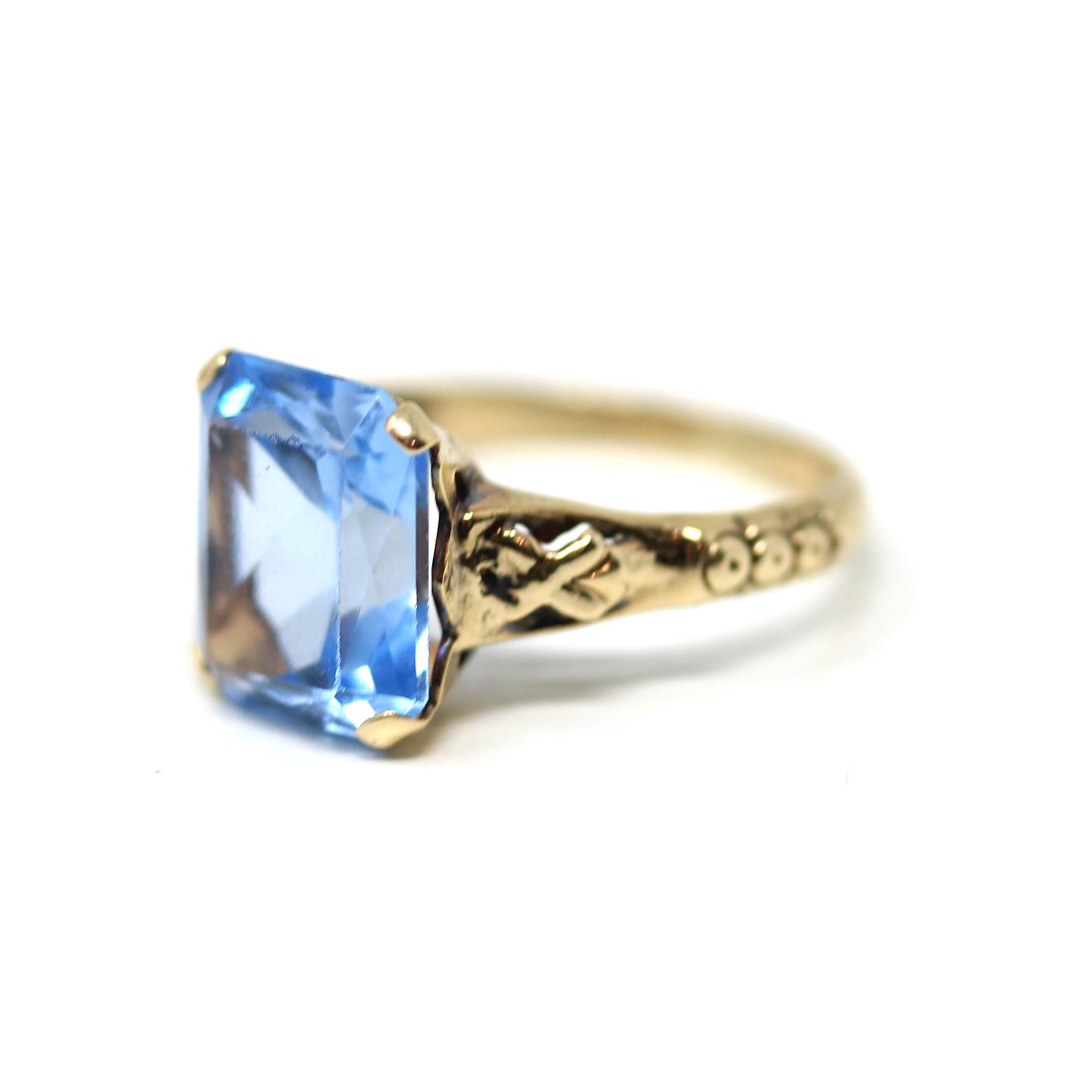 Created Spinel Ring - Retro 10k Yellow Gold Emerald Cut 4.41 CT Blue Stone - Vintage Circa 1940s Era Size 4 1/2 Statement Fine 40s Jewelry