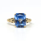 Created Spinel Ring - Retro 10k Yellow Gold Emerald Cut 4.41 CT Blue Stone - Vintage Circa 1940s Era Size 4 1/2 Statement Fine 40s Jewelry