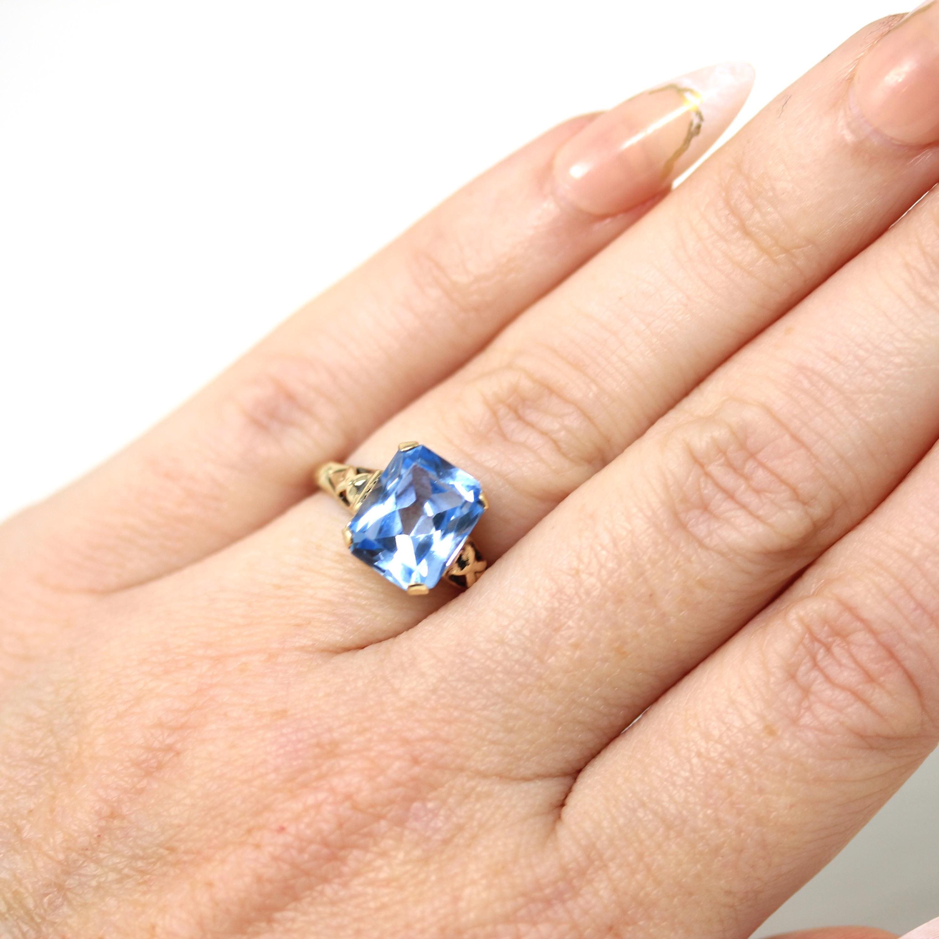 Created Spinel Ring - Retro 10k Yellow Gold Emerald Cut 4.41 CT Blue Stone - Vintage Circa 1940s Era Size 4 1/2 Statement Fine 40s Jewelry