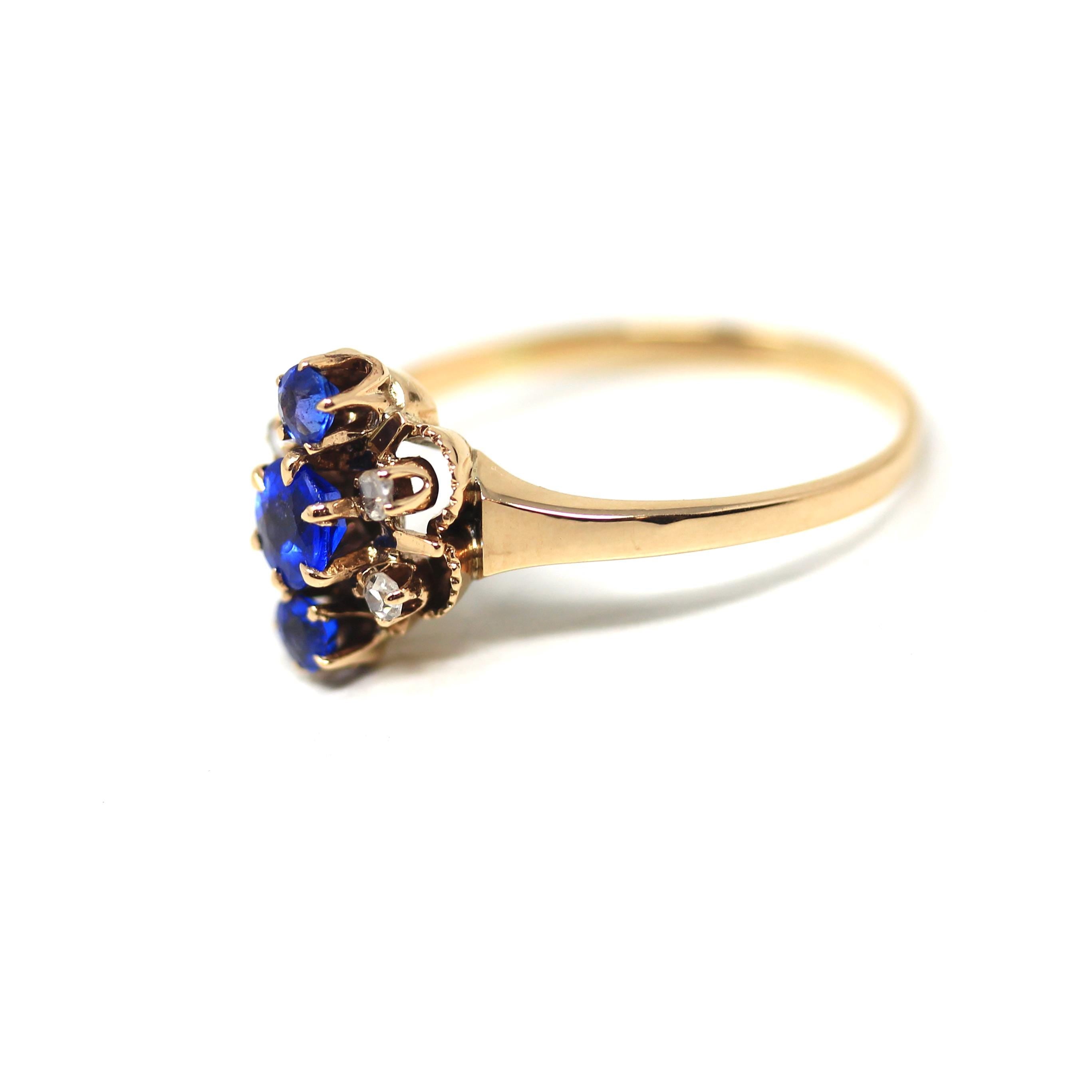 Simulated Sapphire Ring - Antique 10k Rosy Yellow Gold Navette Cluster Gems - Victorian Era Circa 1890s Size 8.5 Dainty Fine Diamond Jewelry