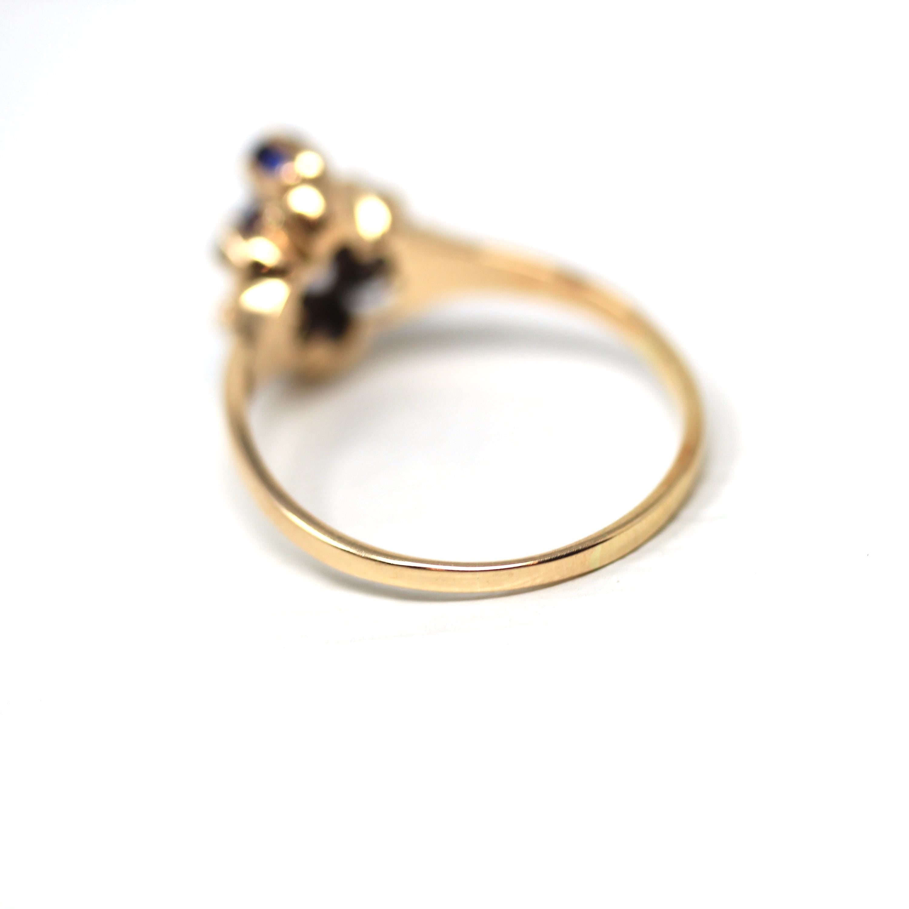 Simulated Sapphire Ring - Antique 10k Rosy Yellow Gold Navette Cluster Gems - Victorian Era Circa 1890s Size 8.5 Dainty Fine Diamond Jewelry