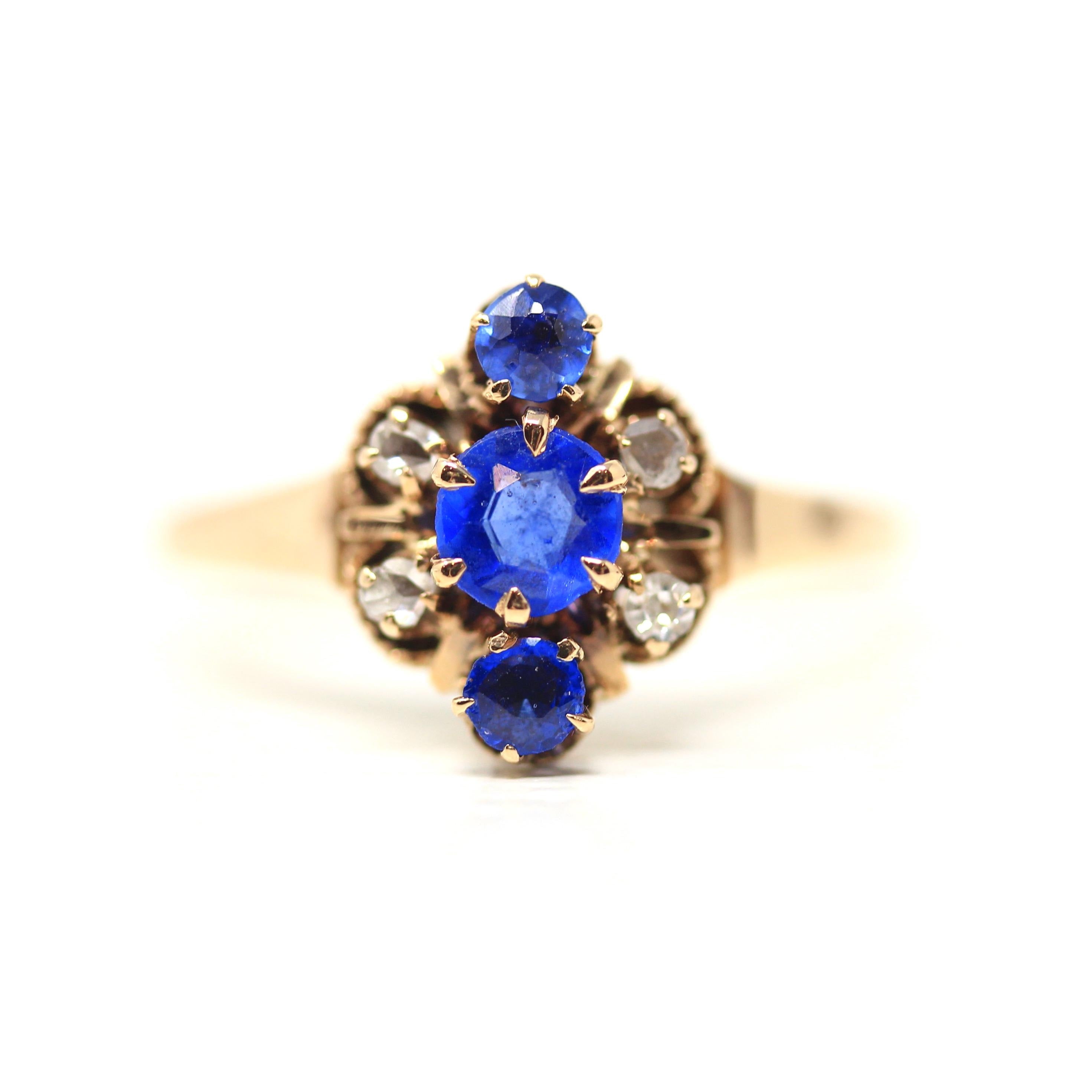 Simulated Sapphire Ring - Antique 10k Rosy Yellow Gold Navette Cluster Gems - Victorian Era Circa 1890s Size 8.5 Dainty Fine Diamond Jewelry