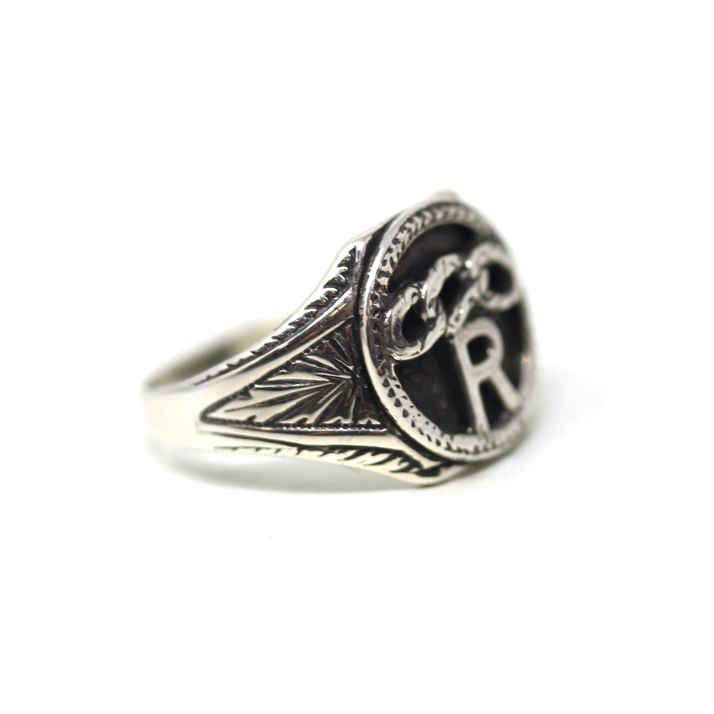 Art Deco "R" Ring - Antique Sterling Silver Three Links Letter Signet - Vintage 1920s Size 5 3/4 Odd Fellows Daughters of Rebekah Jewelry