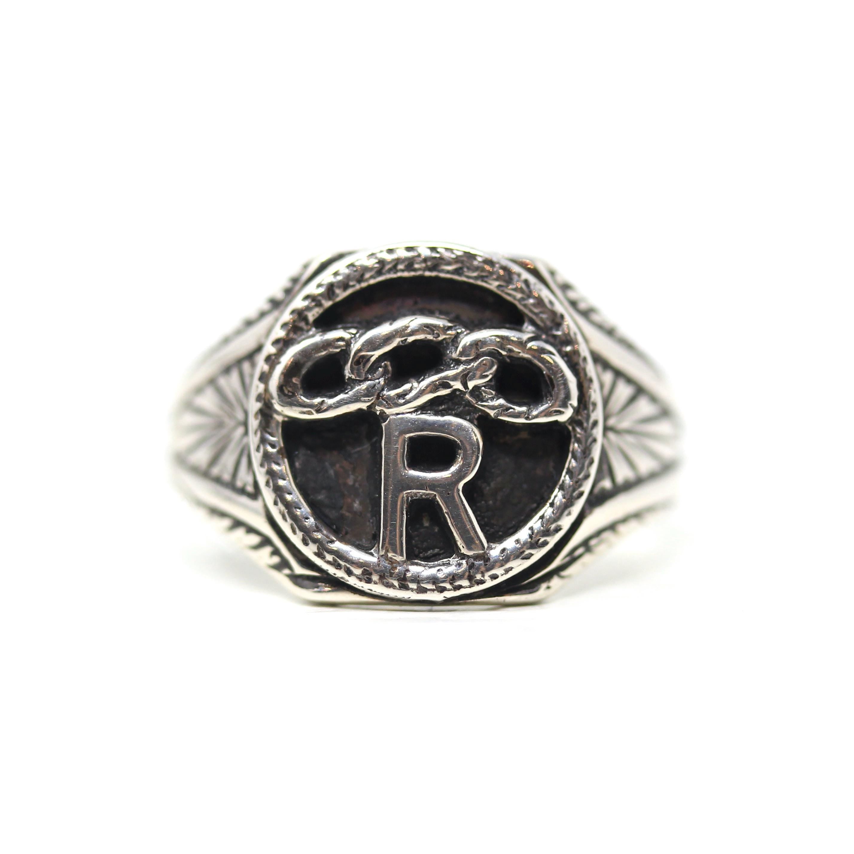 Art Deco "R" Ring - Antique Sterling Silver Three Links Letter Signet - Vintage 1920s Size 5 3/4 Odd Fellows Daughters of Rebekah Jewelry