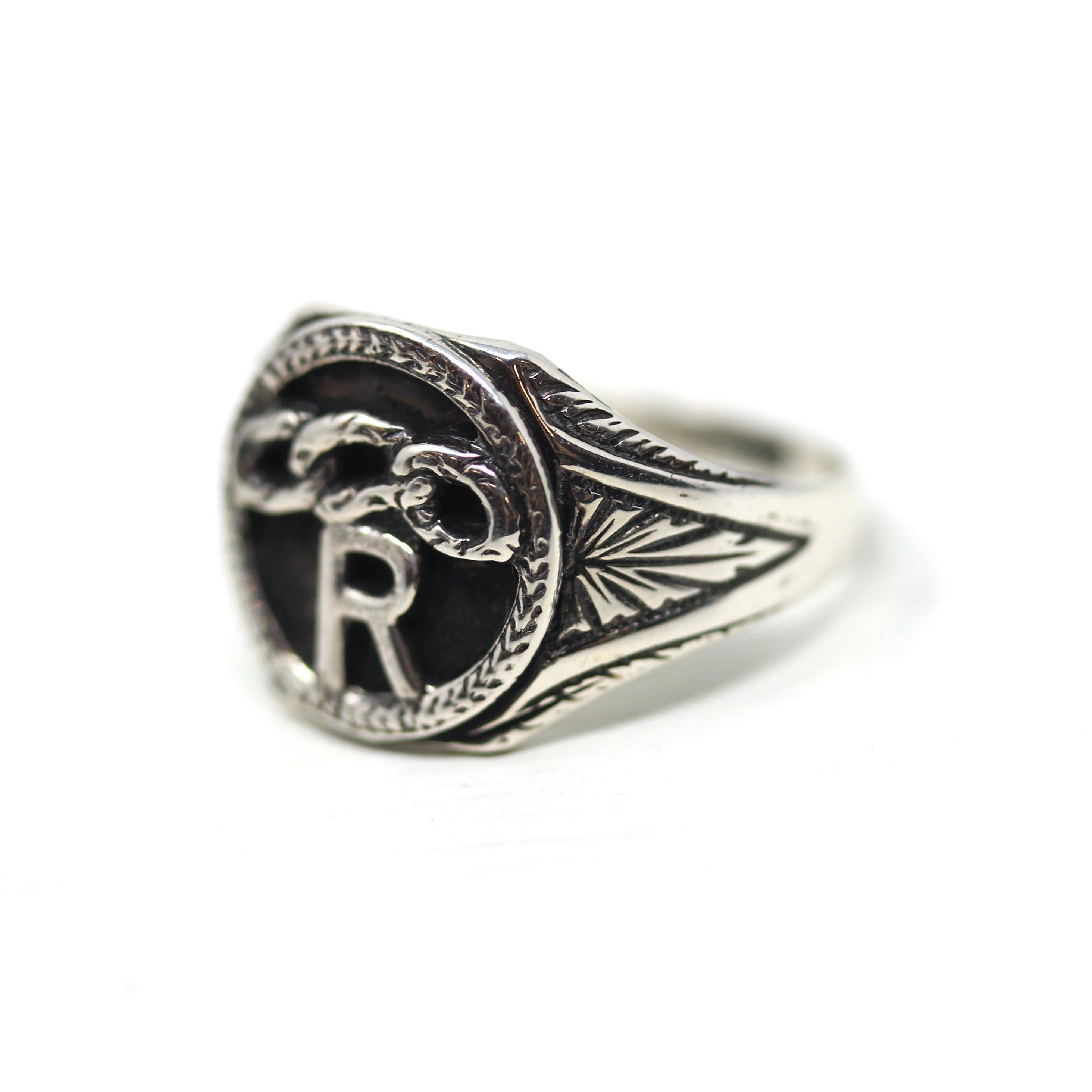Art Deco "R" Ring - Antique Sterling Silver Three Links Letter Signet - Vintage 1920s Size 5 3/4 Odd Fellows Daughters of Rebekah Jewelry