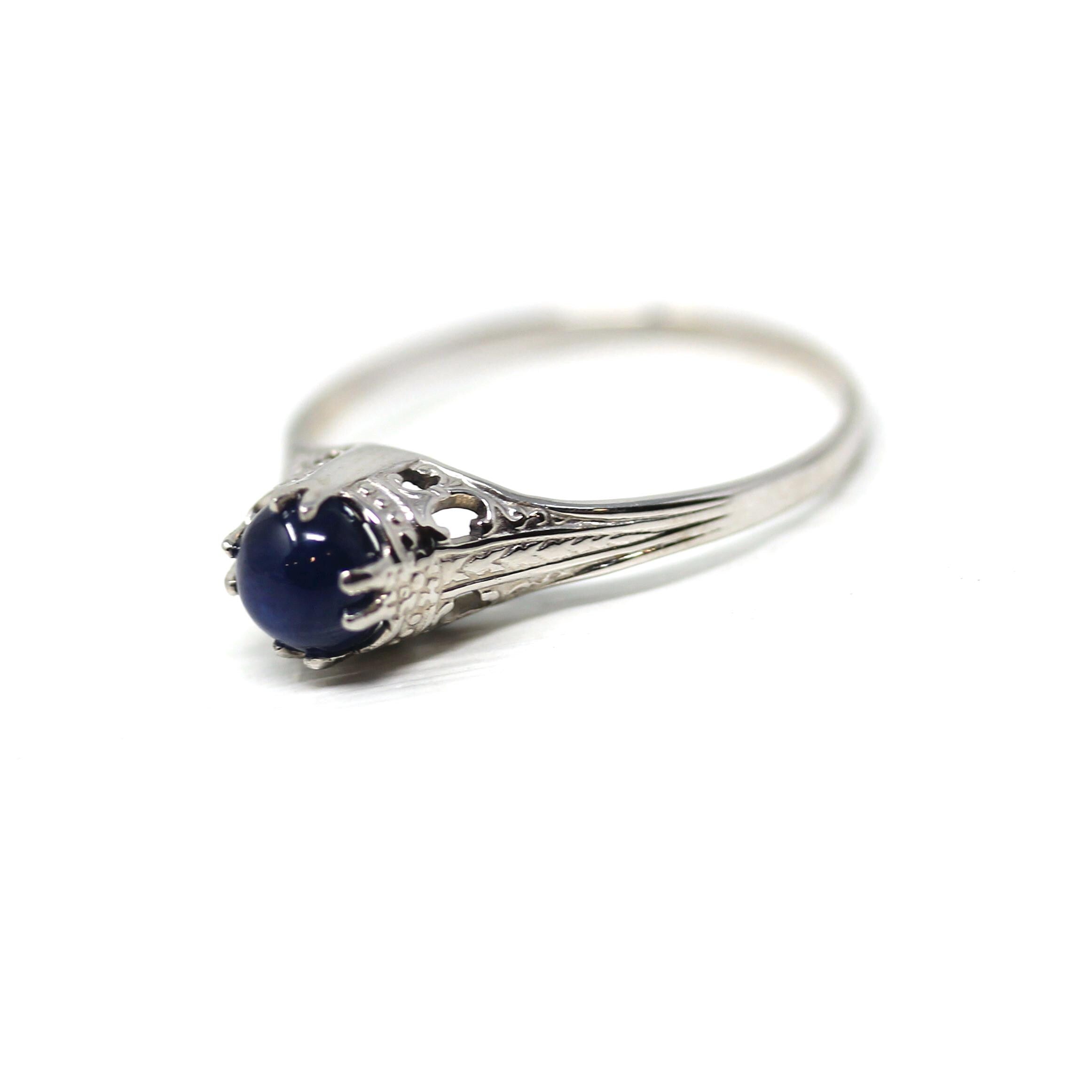 Natural Sapphire Ring - Art Deco 14k White Gold Cabochon Cut Blue Gemstone - Vintage Circa 1930s Era Size 6 1/4 Ostby & Barton Fine Jewelry