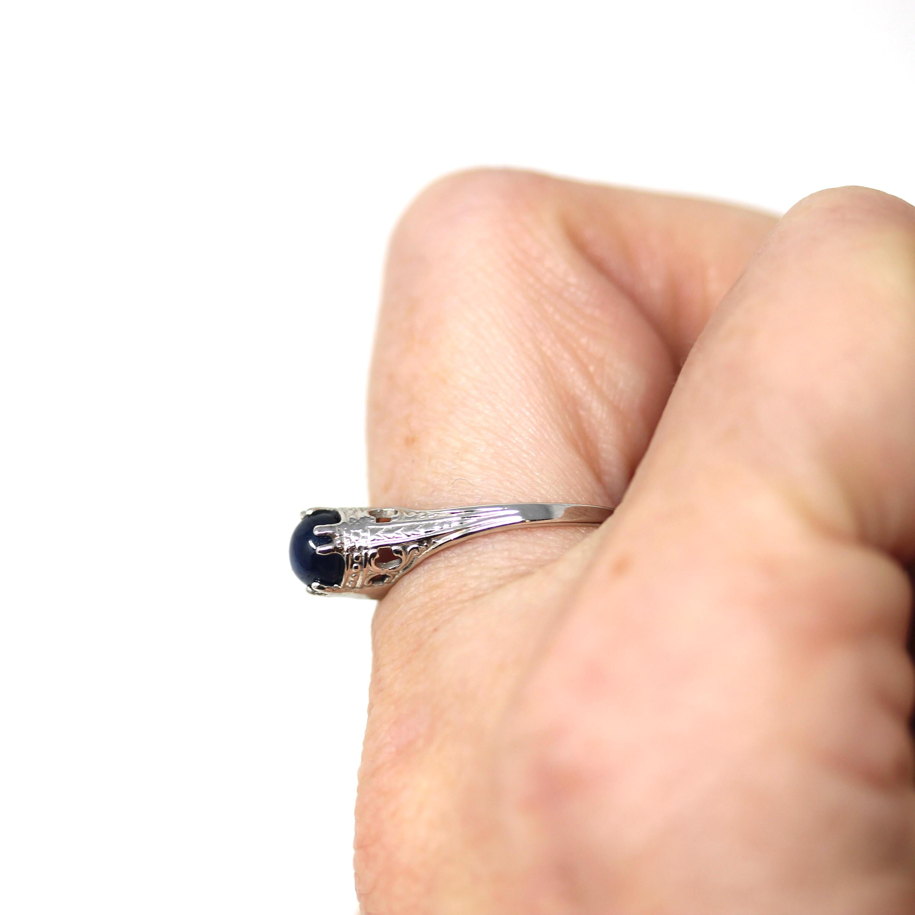 Natural Sapphire Ring - Art Deco 14k White Gold Cabochon Cut Blue Gemstone - Vintage Circa 1930s Era Size 6 1/4 Ostby & Barton Fine Jewelry