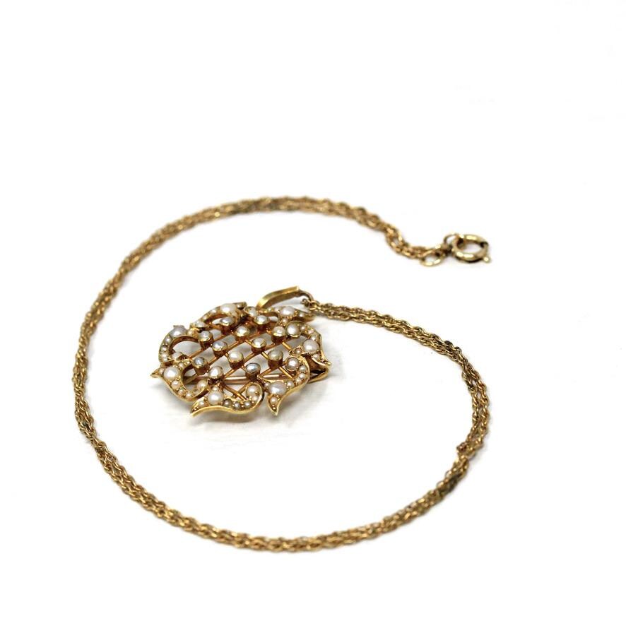 Antique Lattice Necklace - Edwardian 15CT English Yellow Gold & Seed Pearls Brooch Pendant - Circa 1910s Fine Floral Nature Inspired Jewelry