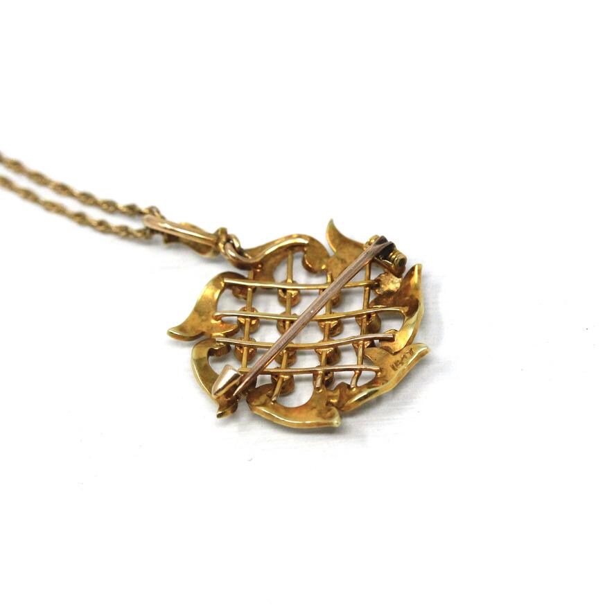 Antique Lattice Necklace - Edwardian 15CT English Yellow Gold & Seed Pearls Brooch Pendant - Circa 1910s Fine Floral Nature Inspired Jewelry