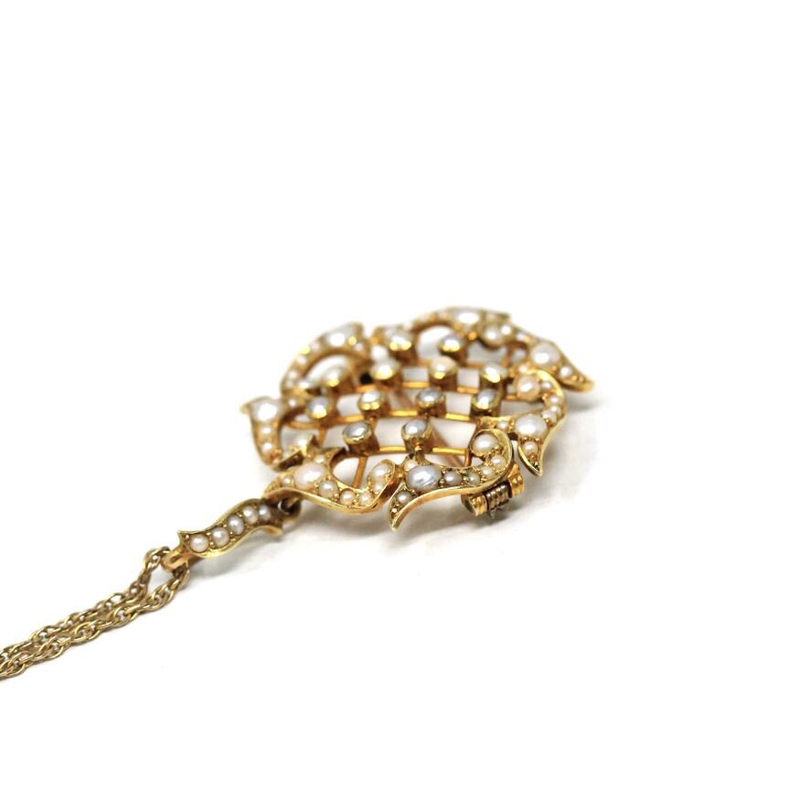 Antique Lattice Necklace - Edwardian 15CT English Yellow Gold & Seed Pearls Brooch Pendant - Circa 1910s Fine Floral Nature Inspired Jewelry
