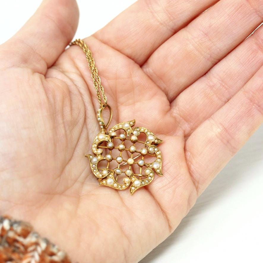 Antique Lattice Necklace - Edwardian 15CT English Yellow Gold & Seed Pearls Brooch Pendant - Circa 1910s Fine Floral Nature Inspired Jewelry