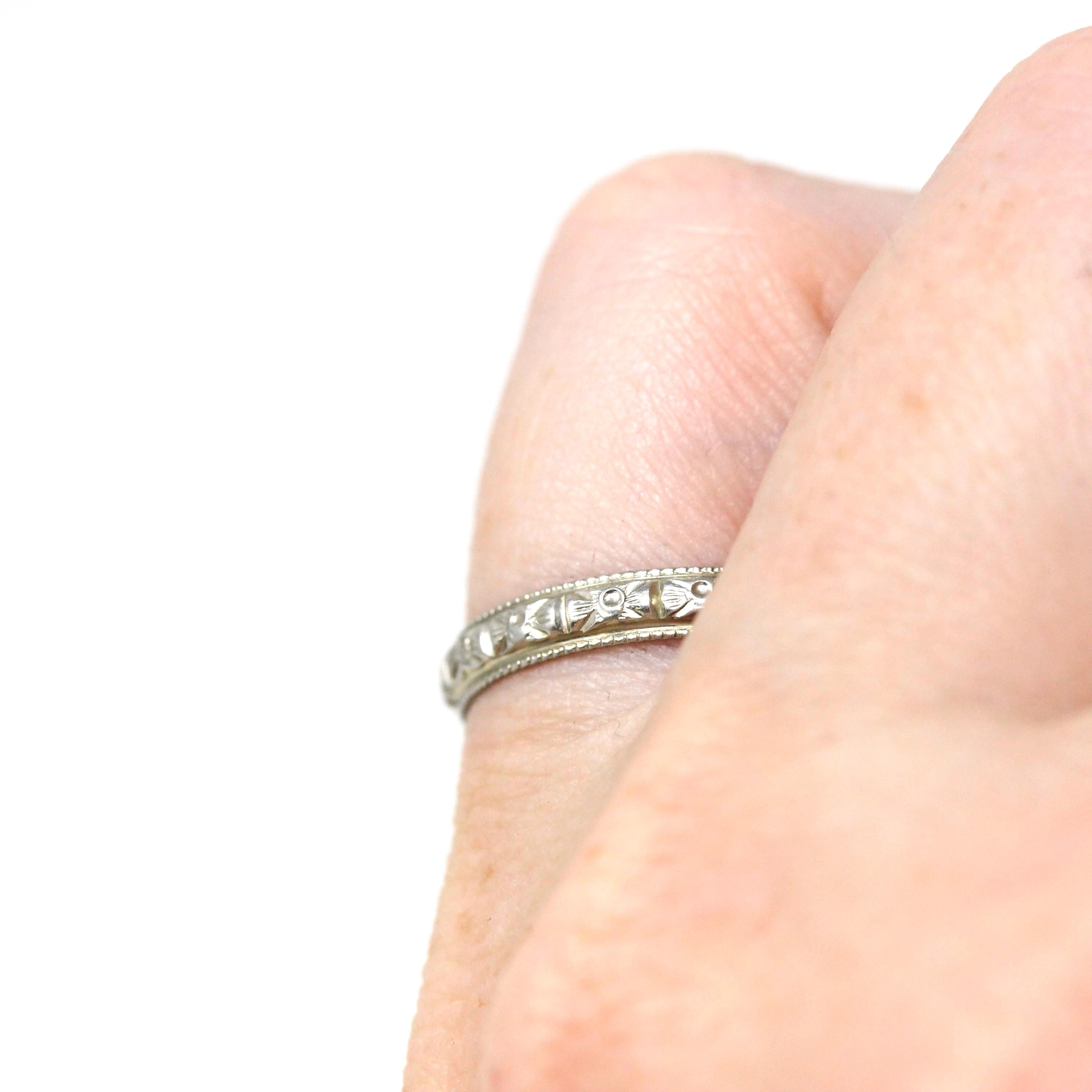 Floral Wedding Band - Vintage Art Deco 18k White Gold Flower Eternity Ring - Circa 1930s Era Size 6 3/4 Bridal Unisex Engraved Fine Jewelry