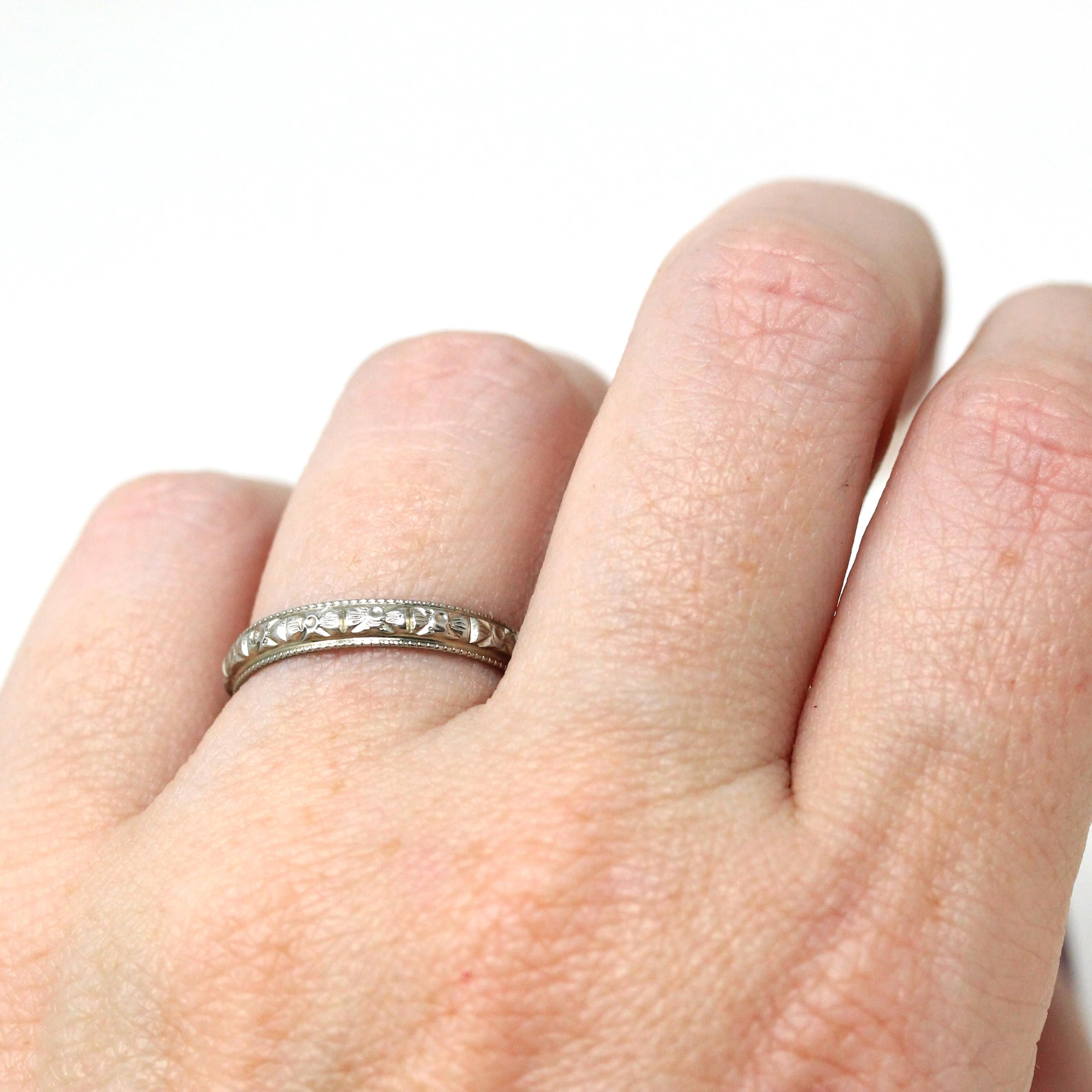 Floral Wedding Band - Vintage Art Deco 18k White Gold Flower Eternity Ring - Circa 1930s Era Size 6 3/4 Bridal Unisex Engraved Fine Jewelry