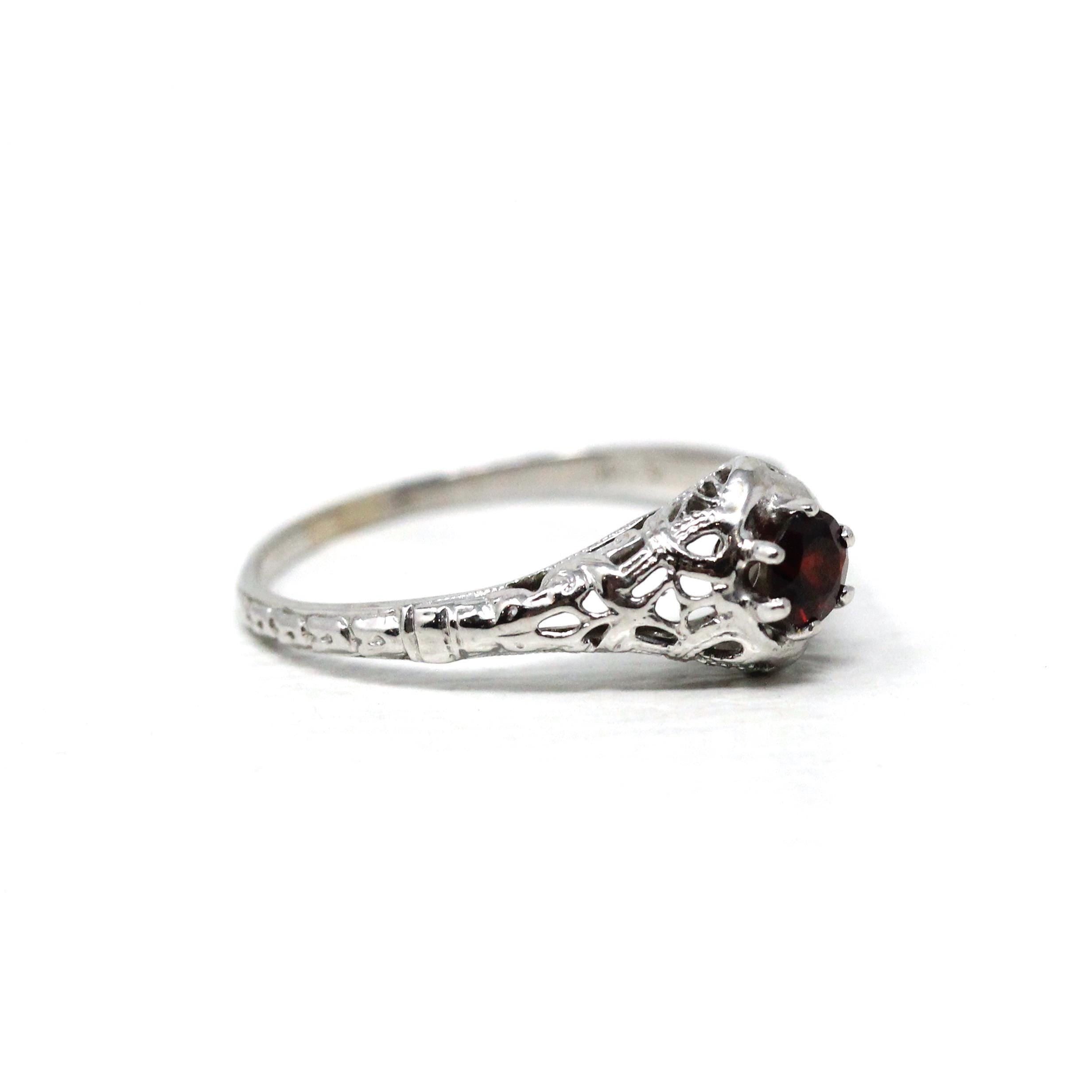 Art Deco Garnet Ring - Vintage 18k White Gold Natural Red Gemstone - Circa 1930s Era Size 8 3/4 Filigree January Birthstone Fine 30s Jewelry