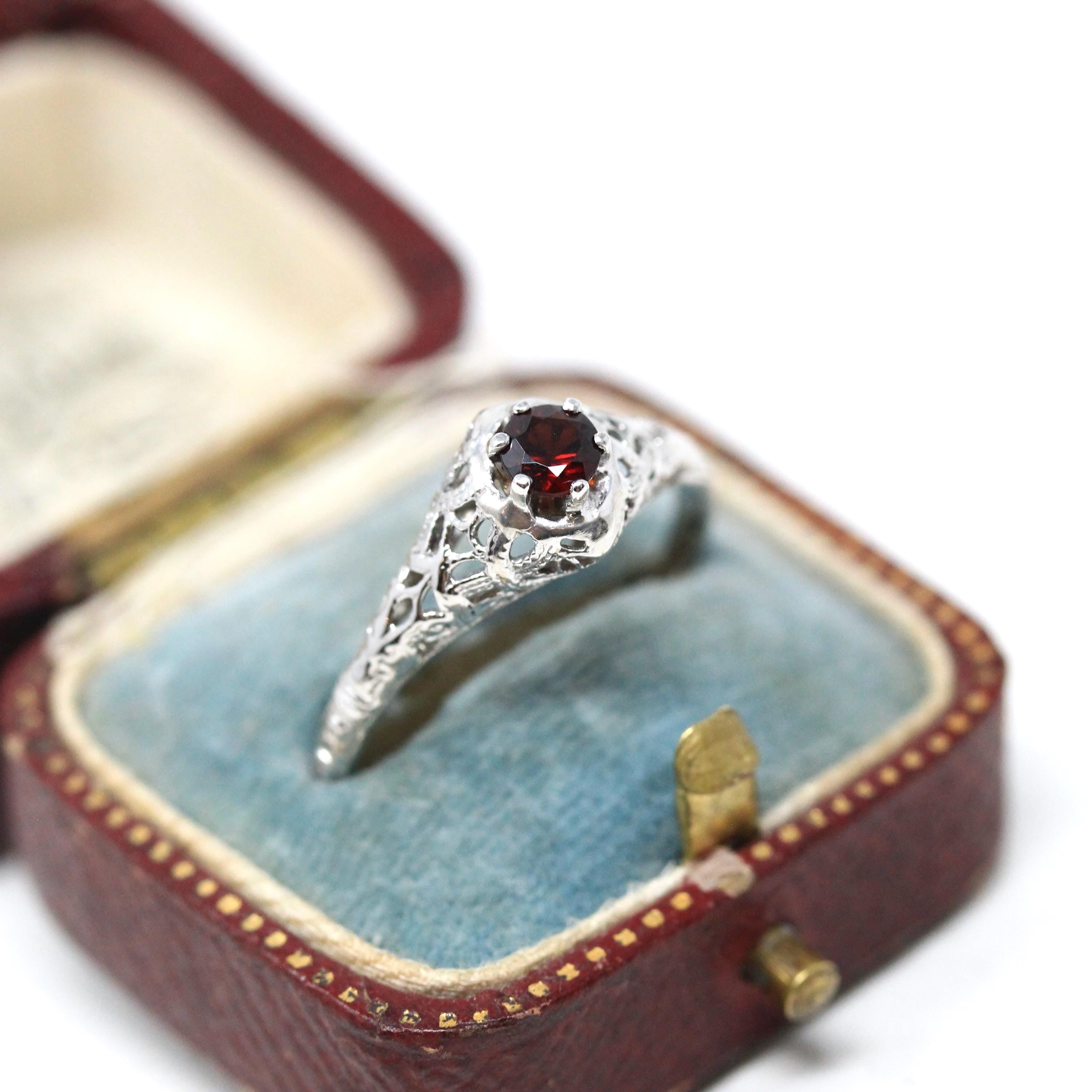 Art Deco Garnet Ring - Vintage 18k White Gold Natural Red Gemstone - Circa 1930s Era Size 8 3/4 Filigree January Birthstone Fine 30s Jewelry